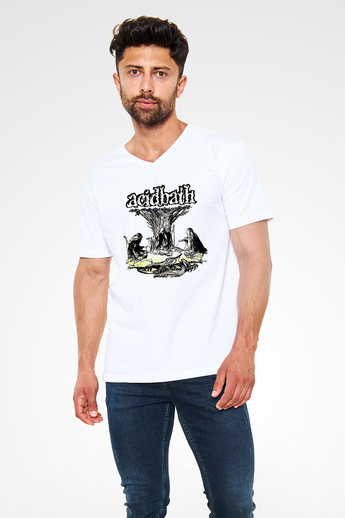 Acid Bath Baskılı Beyaz Unisex V Yaka Tişört - Tshirt