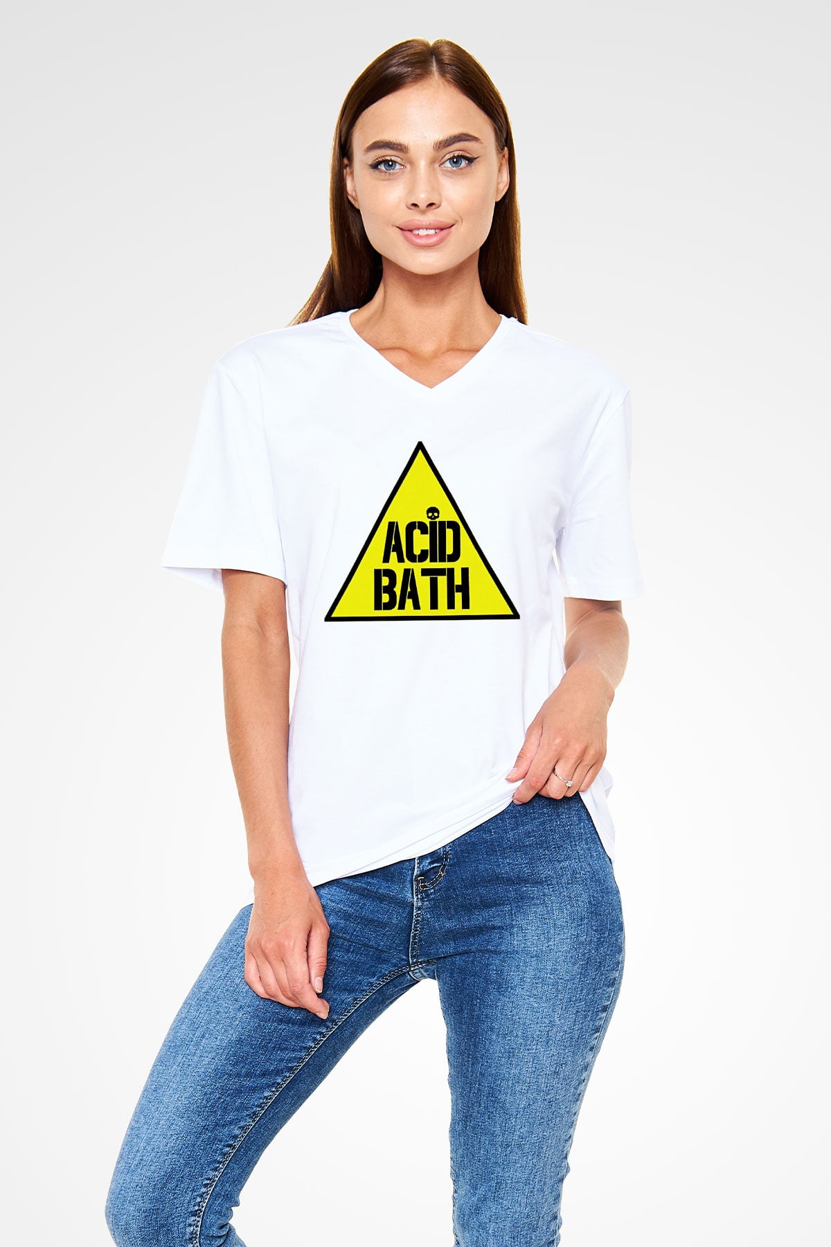 Acid Bath Baskılı Beyaz Unisex V Yaka Tişört - Tshirt