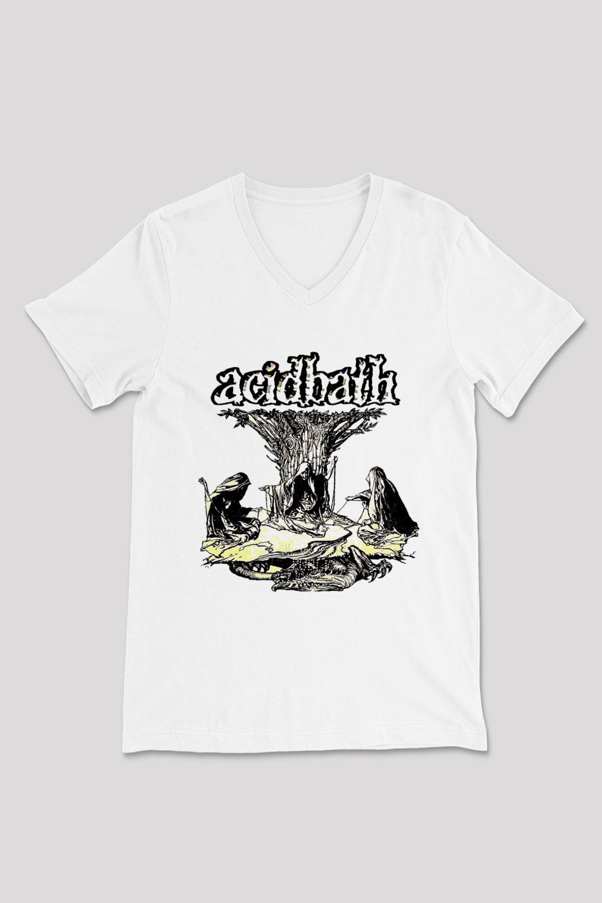 Acid Bath Baskılı Beyaz Unisex V Yaka Tişört - Tshirt