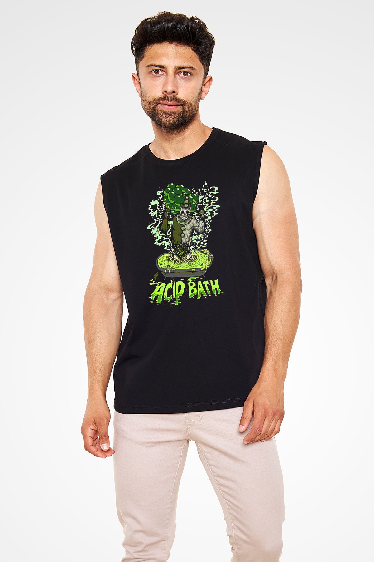 Acid Bath Baskılı Unisex Siyah Kolsuz Tişört - Tshirt