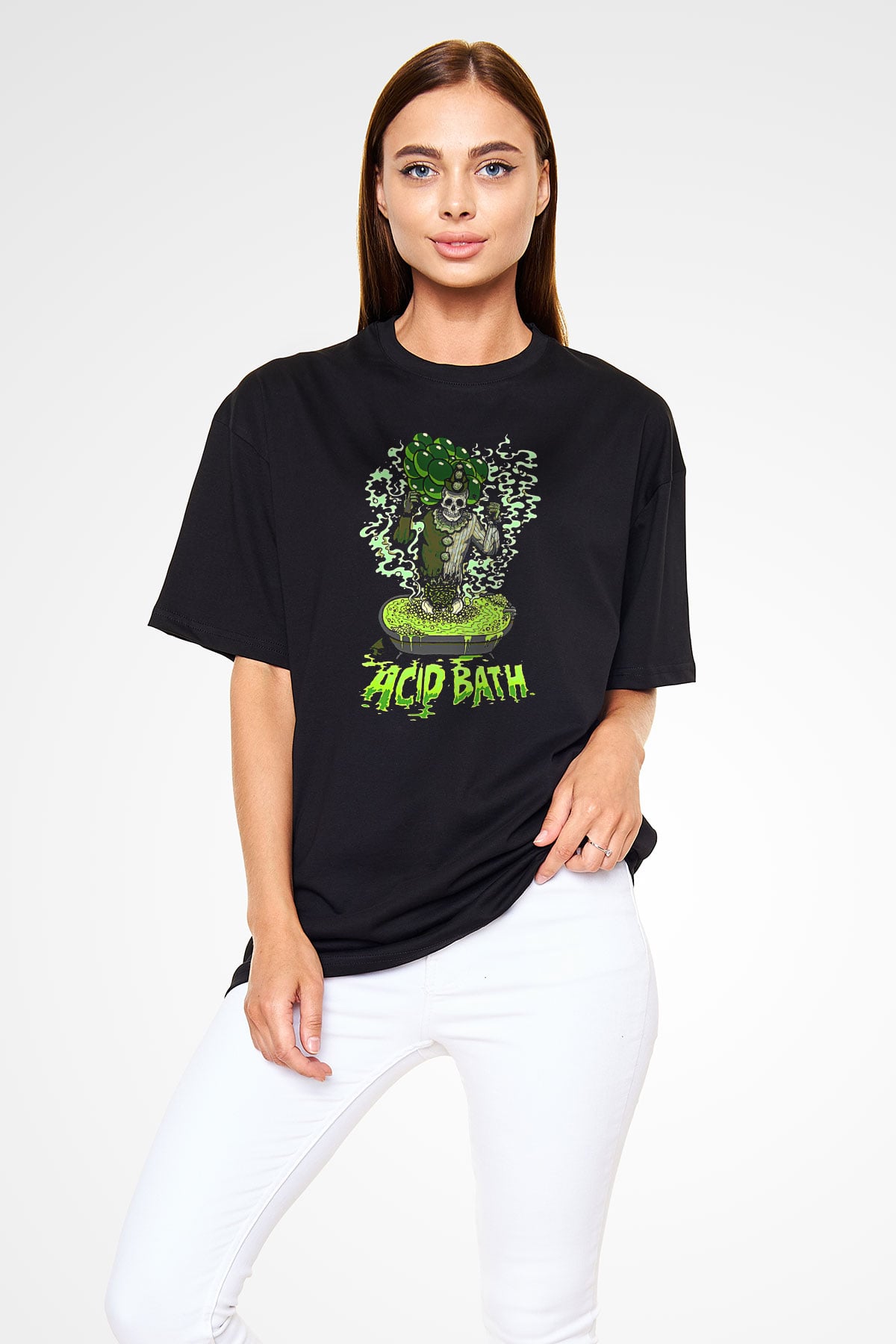 Acid Bath Baskılı Unisex Siyah Oversize Tişört - Tshirt
