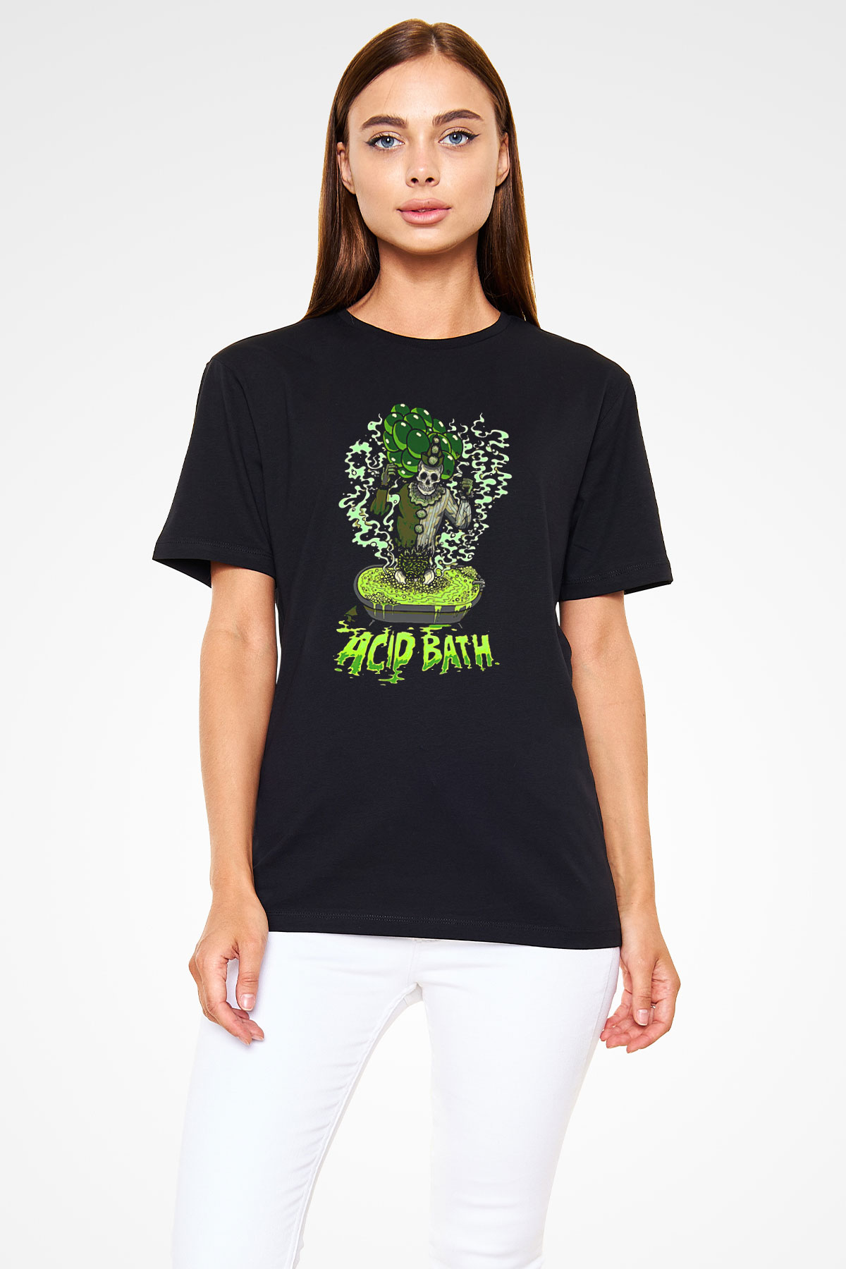 Acid Bath Baskılı Unisex Siyah Tişört - Tshirt