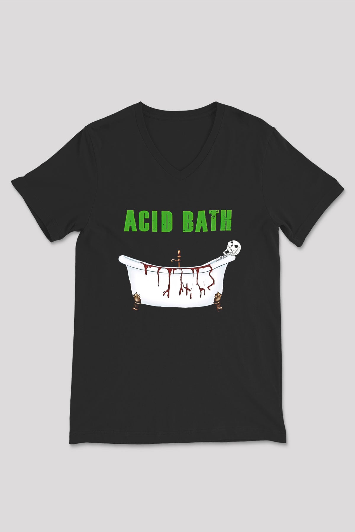 Acid Bath Baskılı Unisex Siyah V Yaka Tişört - Tshirt