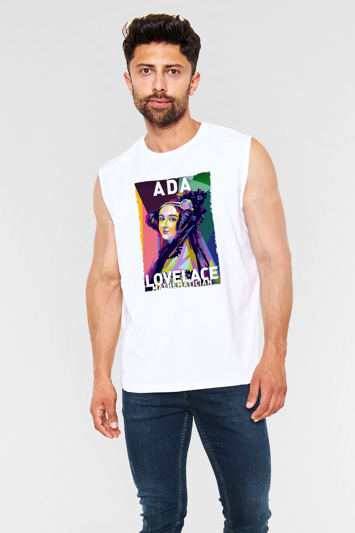 Ada Lovelace Baskılı Unisex Kolsuz Beyaz Tişört - Tshirt