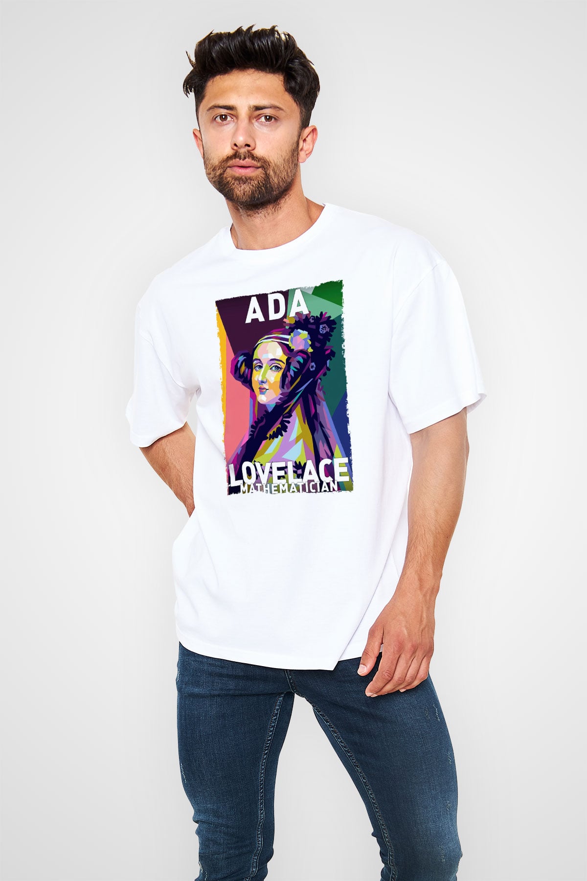 Ada Lovelace Baskılı Unisex Oversize Beyaz Tişört - Tshirt