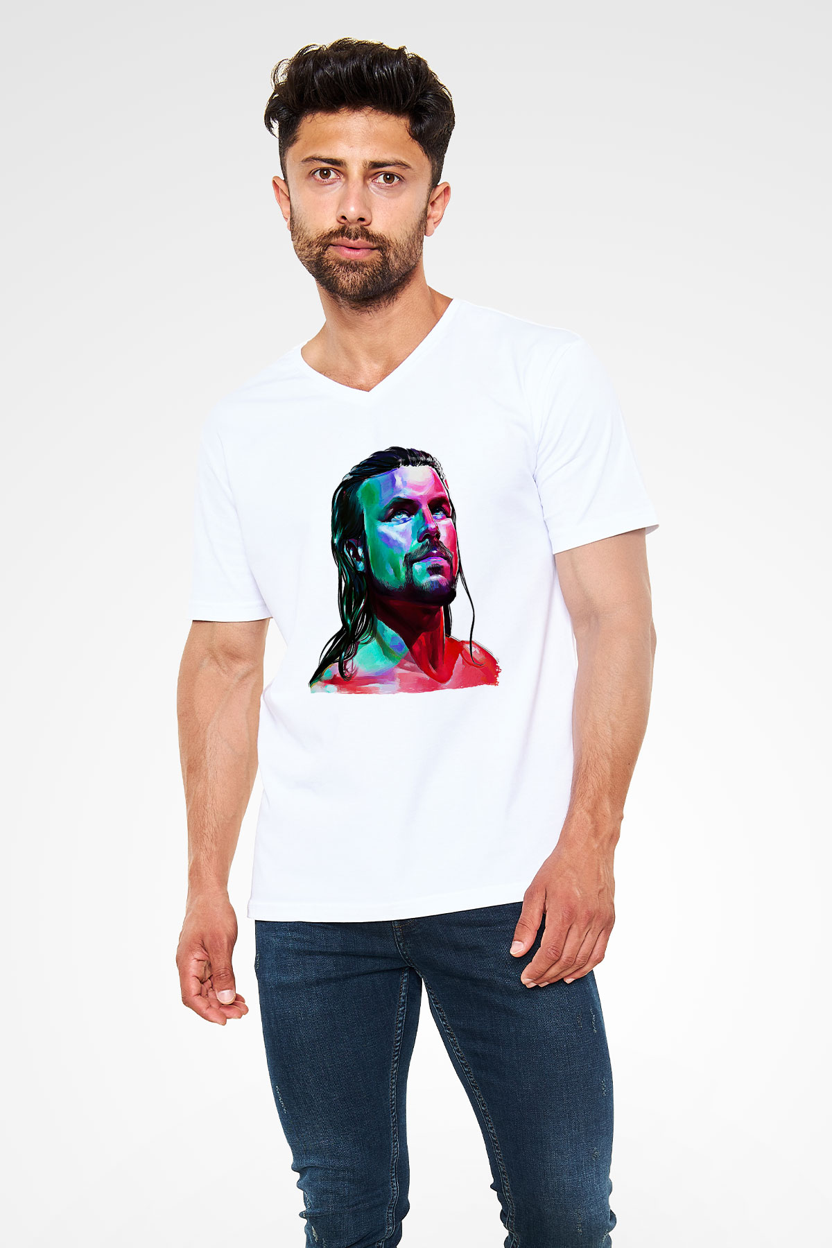 Adam Cole Baskılı Beyaz Unisex V Yaka Tişört - Tshirt