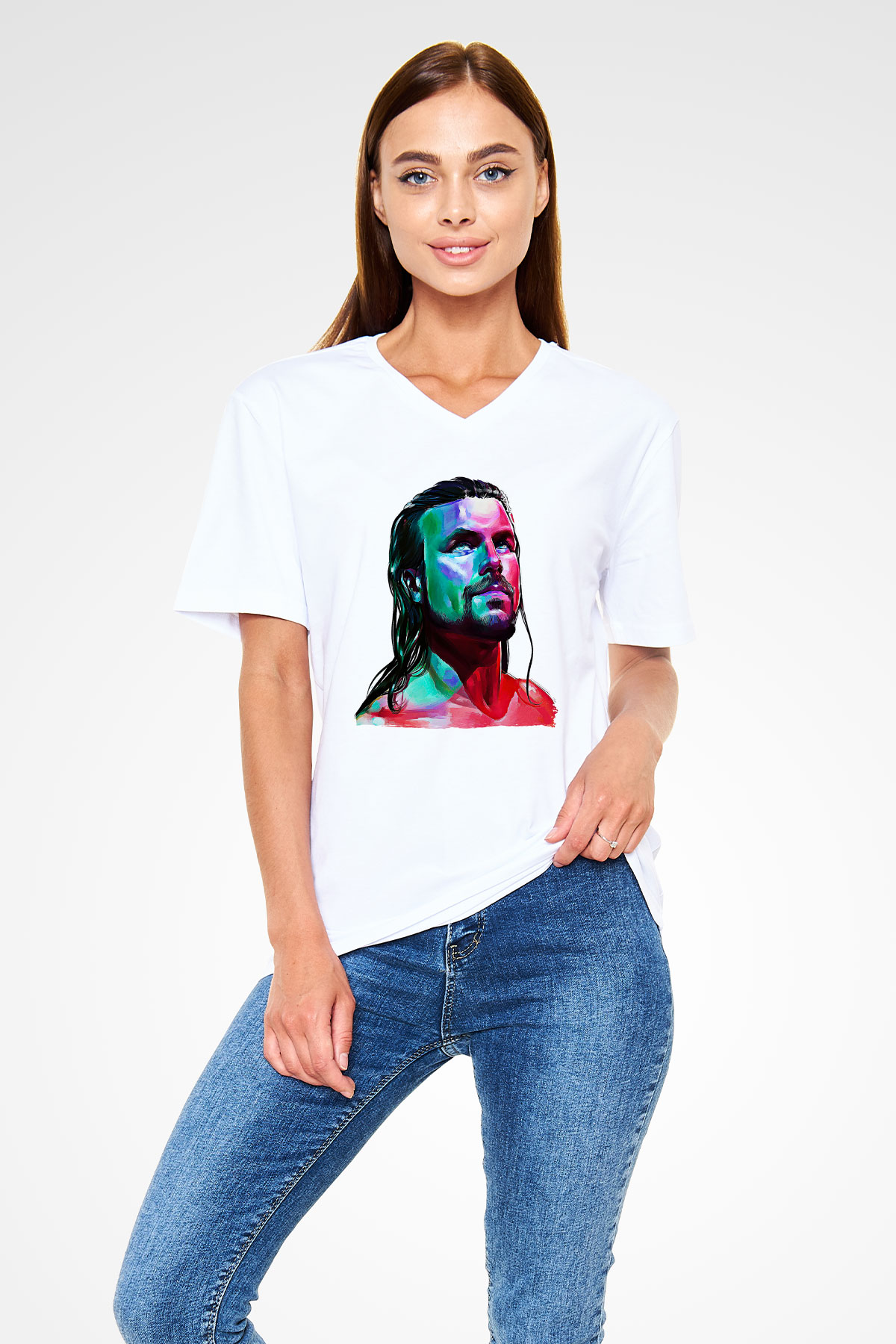 Adam Cole Baskılı Beyaz Unisex V Yaka Tişört - Tshirt