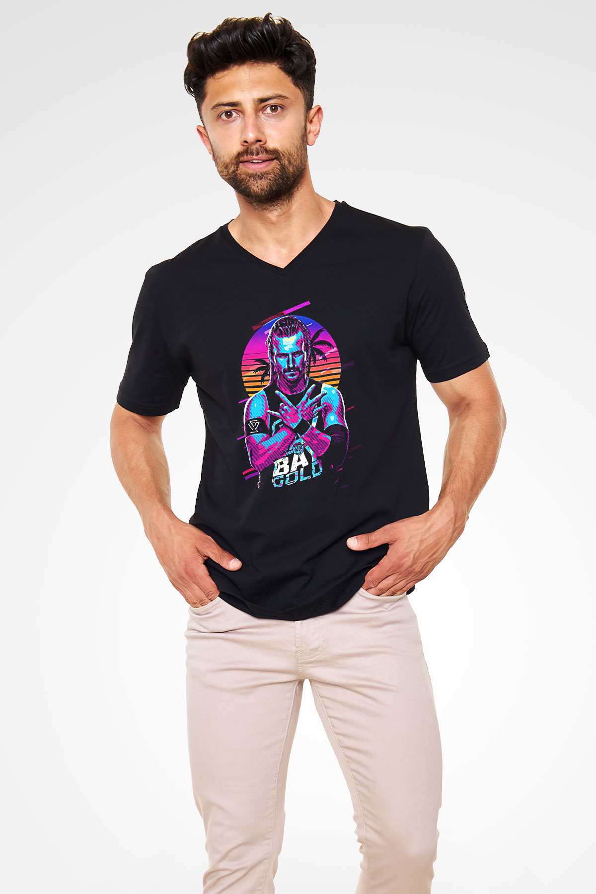 Adam Cole Baskılı Unisex Siyah V Yaka Tişört - Tshirt