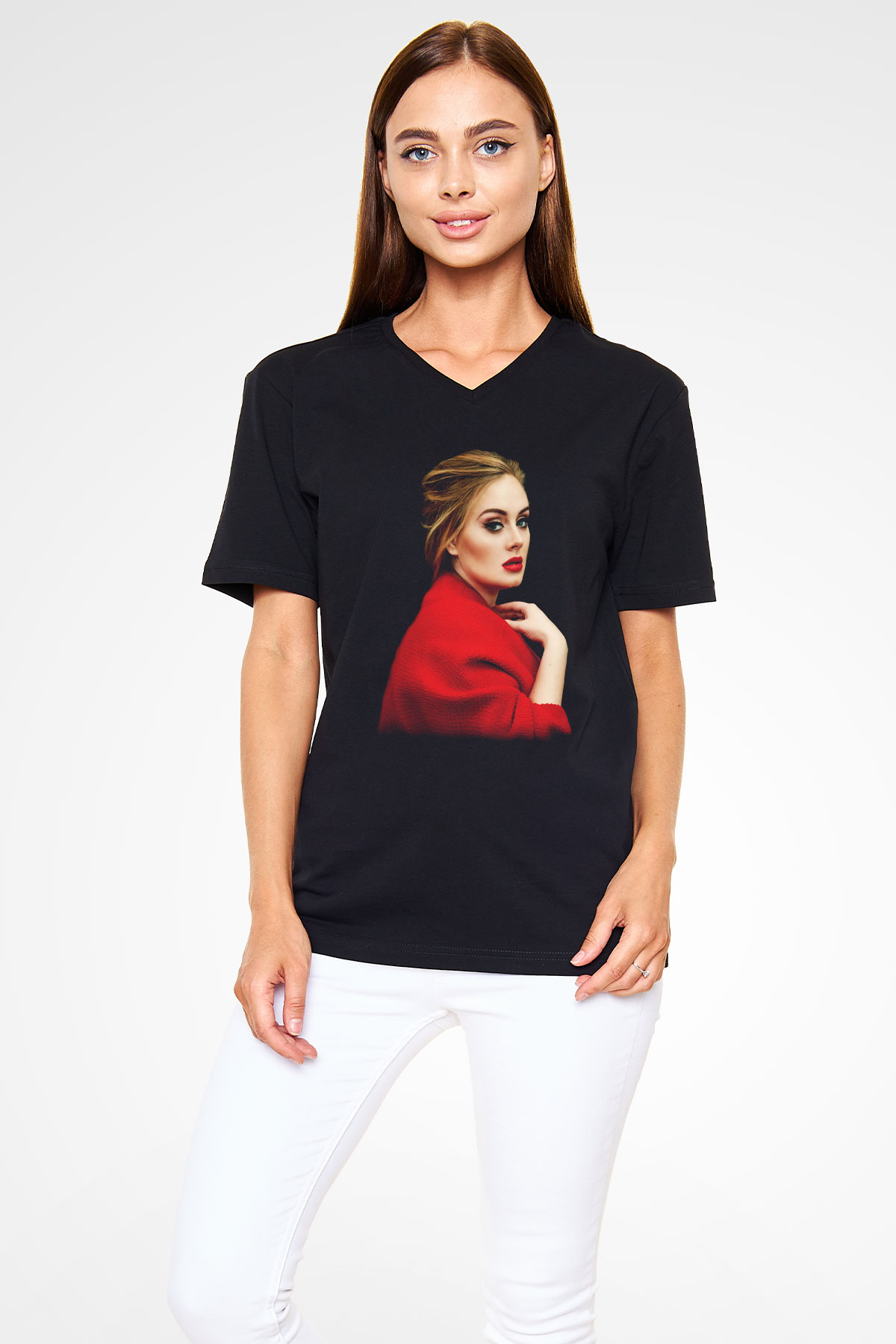 Adele Siyah Unisex V Yaka Tişört T-Shirt