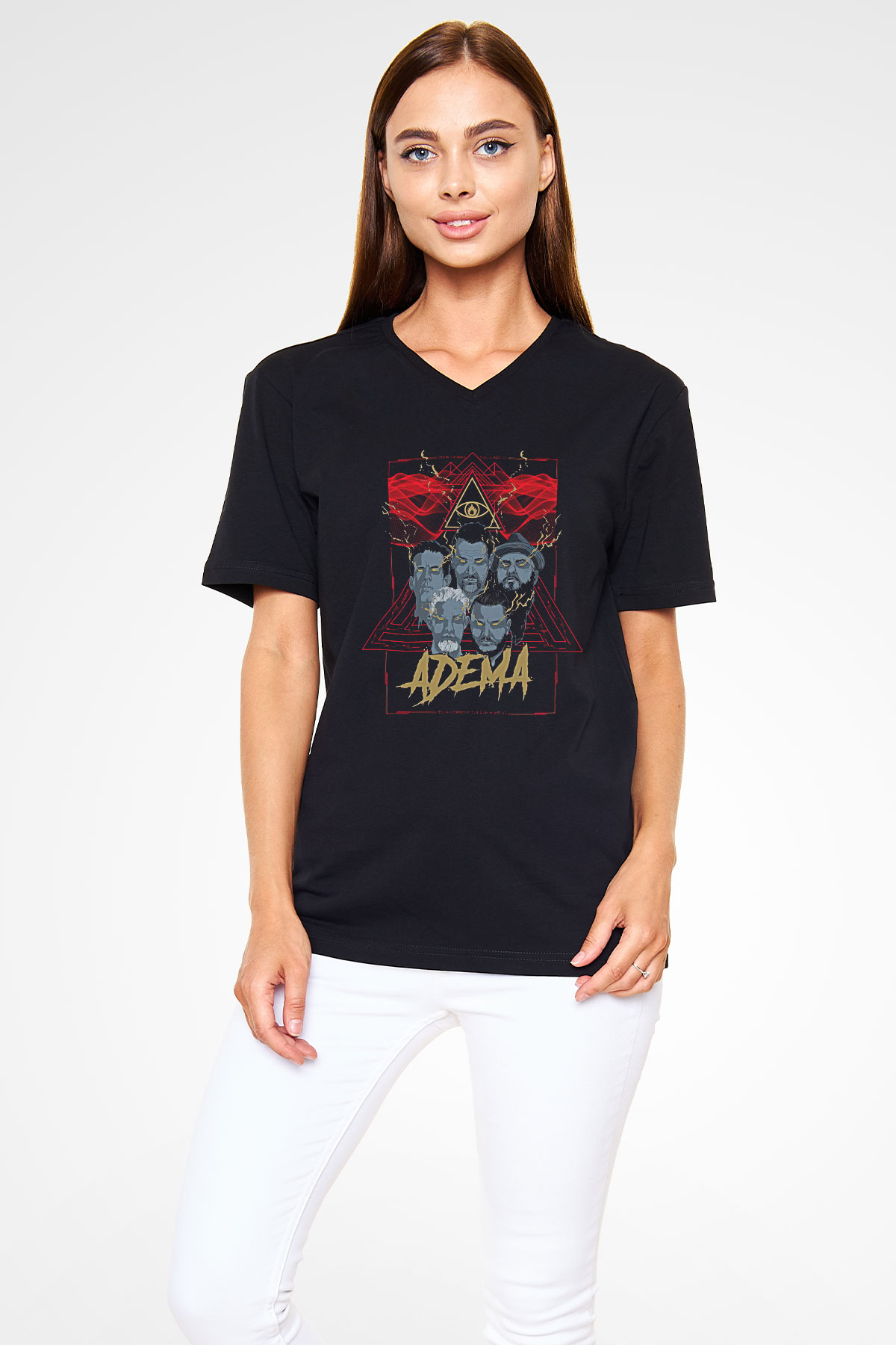 Adema Baskılı Unisex Siyah V Yaka Tişört - Tshirt
