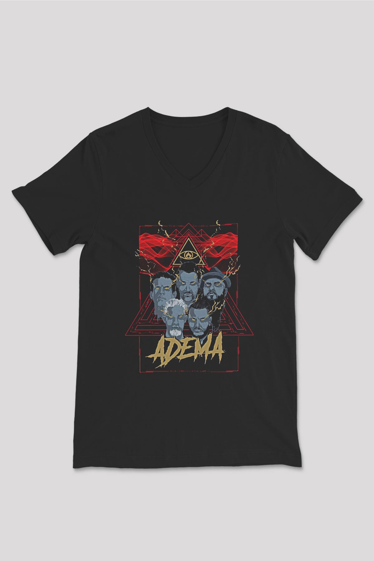 Adema Baskılı Unisex Siyah V Yaka Tişört - Tshirt