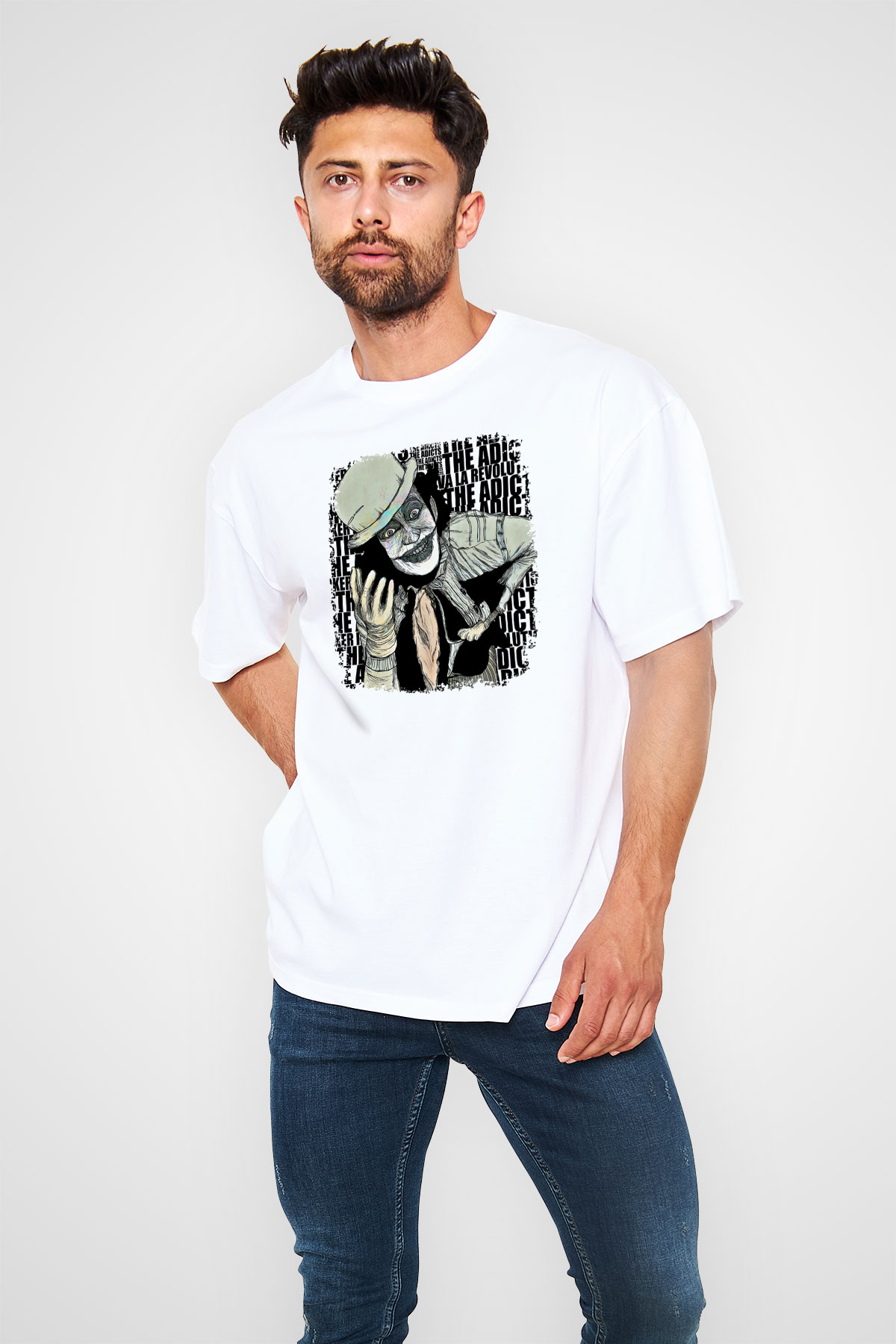 Adicts Baskılı Unisex Beyaz Oversize Tişört