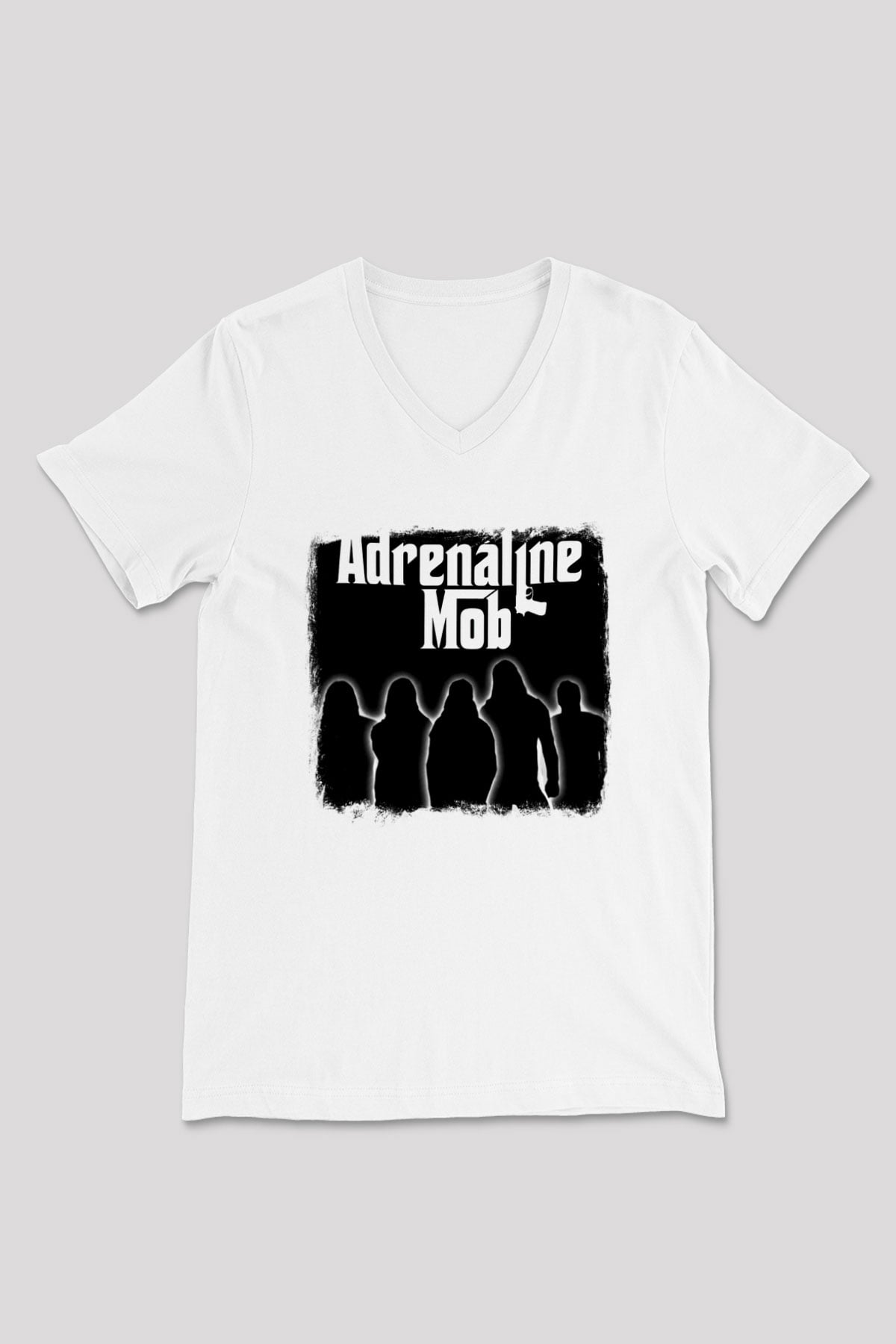 Adrenaline Mob Baskılı Unisex Beyaz V Yaka Tişört