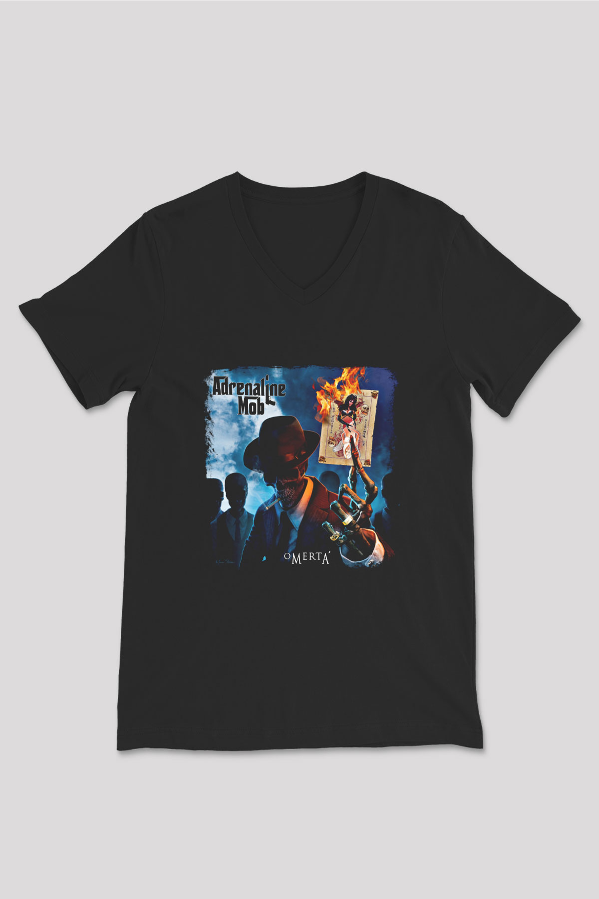 Adrenaline Mob Baskılı Unisex Siyah V Yaka Tişört