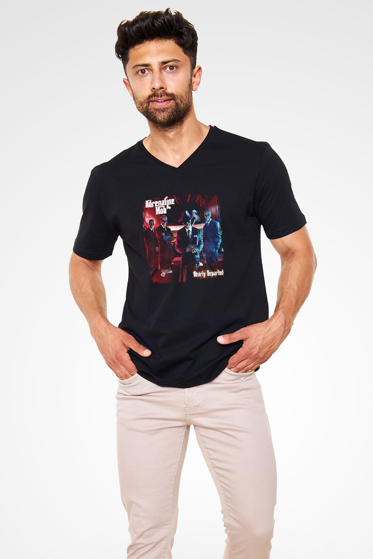 Adrenaline Mob Baskılı Unisex Siyah V Yaka Tişört