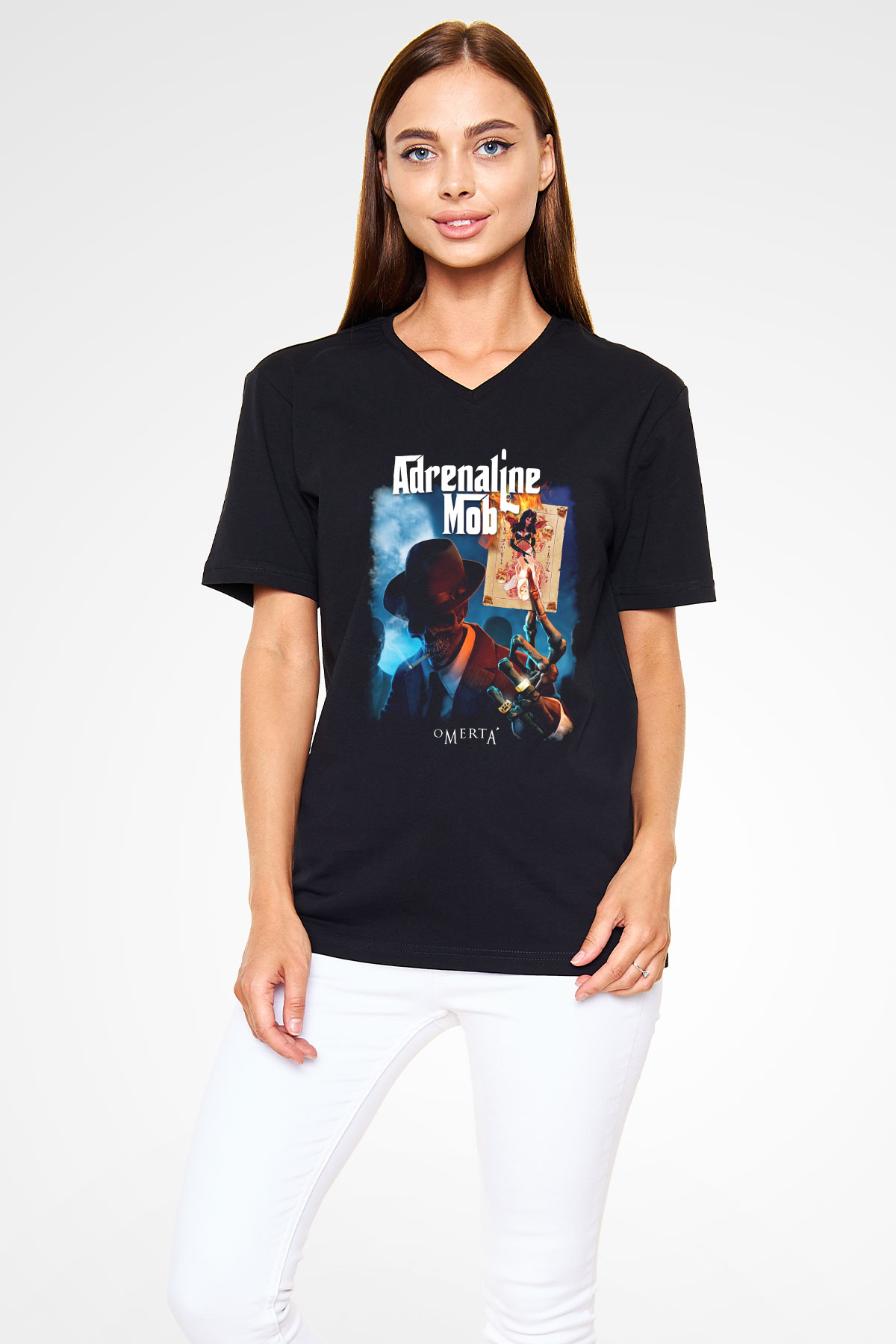 Adrenaline Mob Siyah Unisex V Yaka Tişört T-Shirt