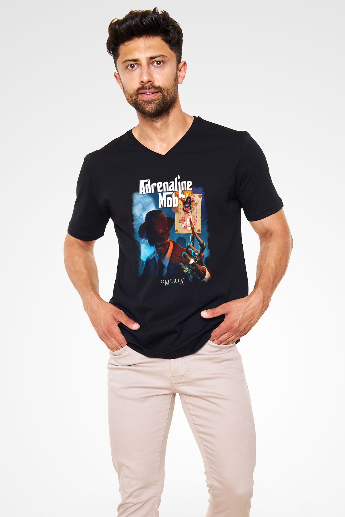 Adrenaline Mob Siyah Unisex V Yaka Tişört T-Shirt