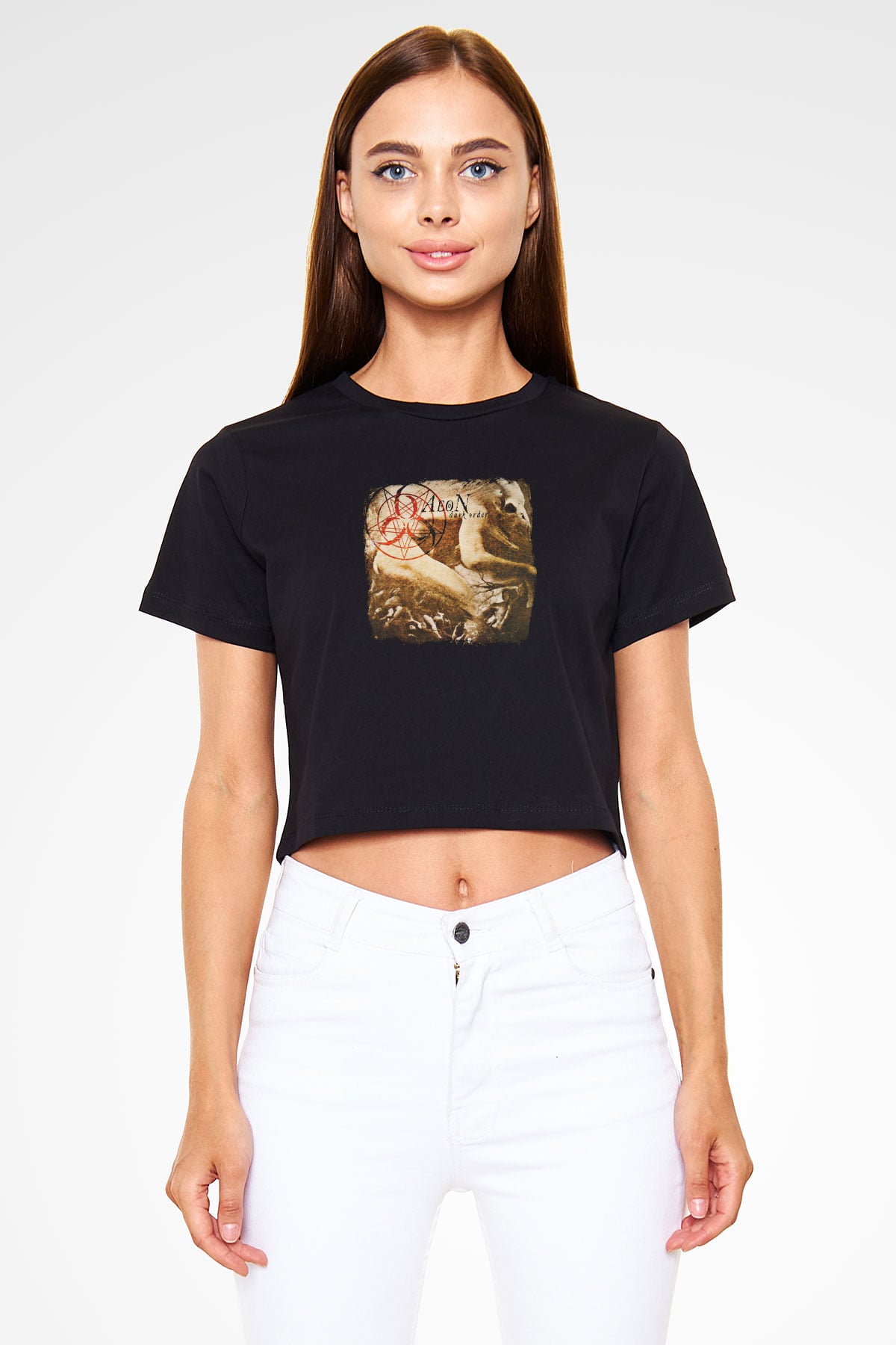 Aeon Baskılı Unisex Siyah Crop Top Tişört