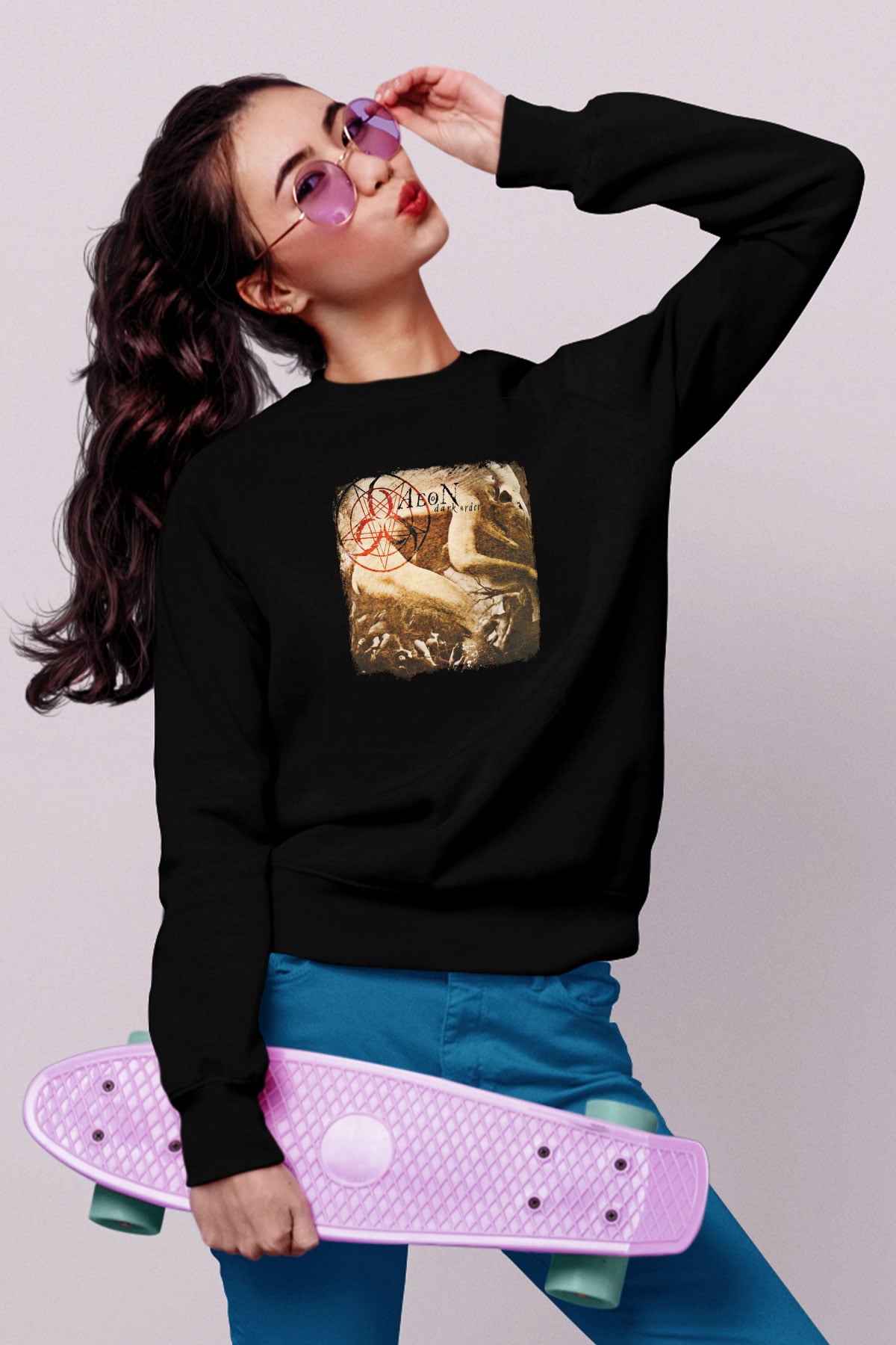 Aeon Baskılı Unisex Siyah Sweatshirt