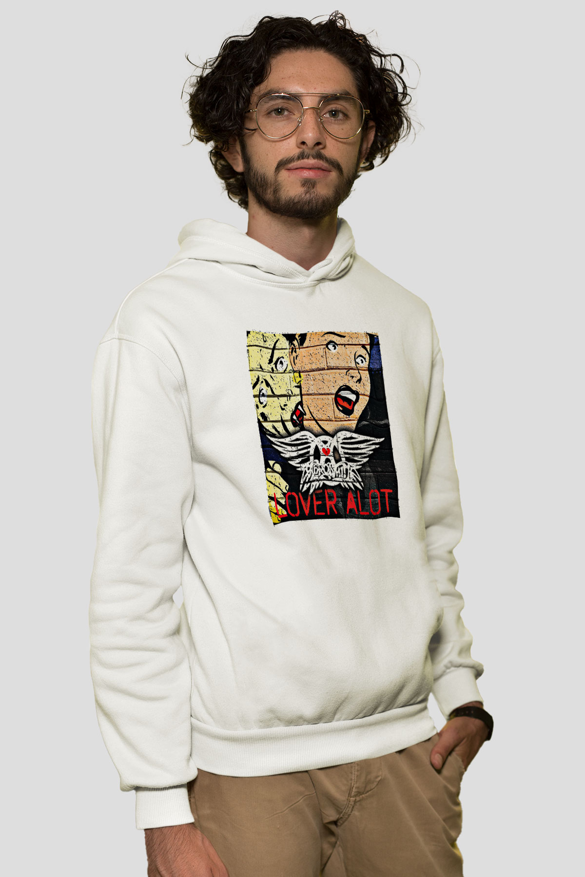 Aerosmith Baskılı Unisex Beyaz Hoodie
