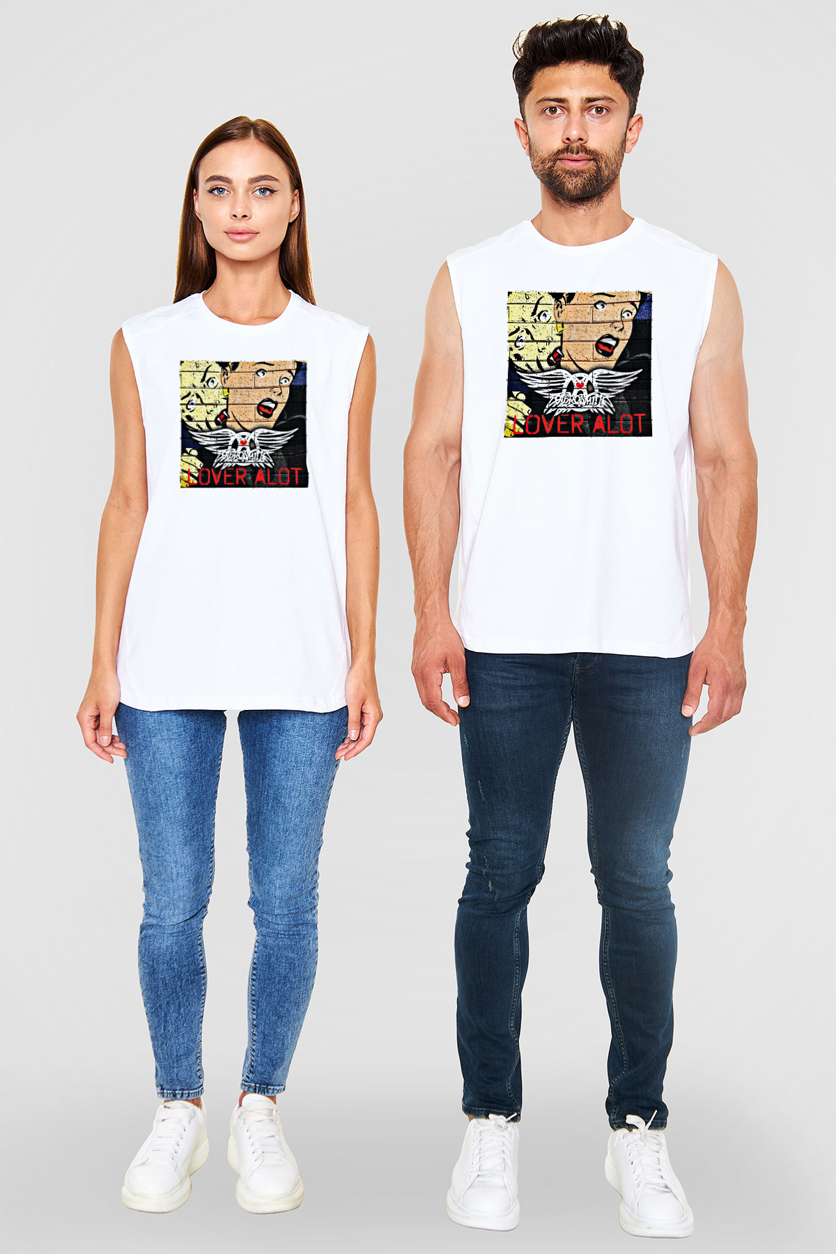Aerosmith Baskılı Unisex Beyaz Kolsuz Tişört