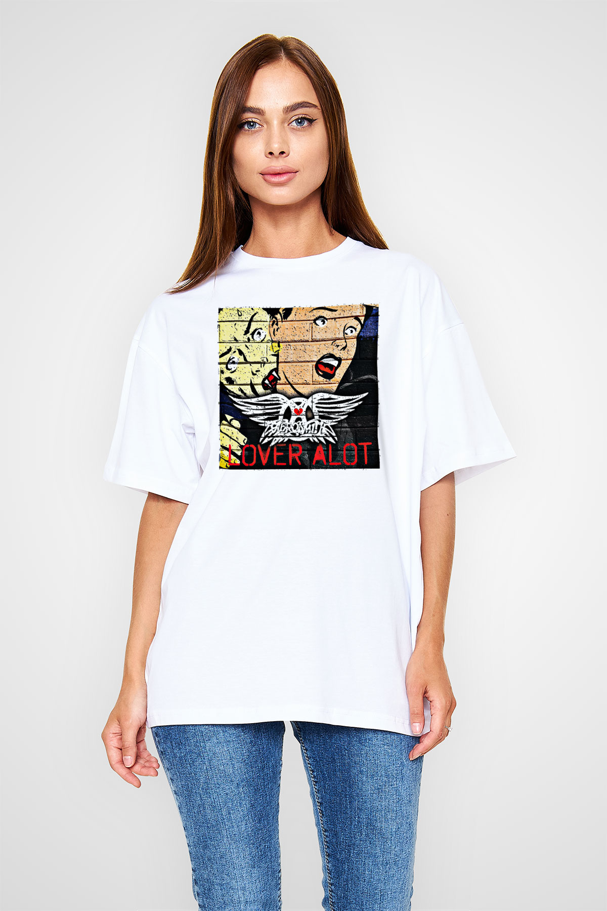 Aerosmith Baskılı Unisex Beyaz Oversize Tişört