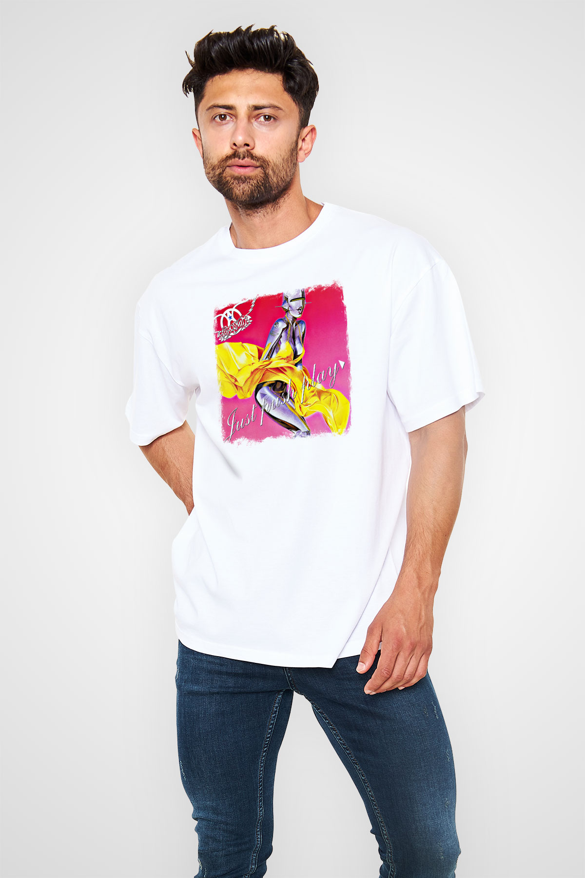 Aerosmith Baskılı Unisex Beyaz Oversize Tişört