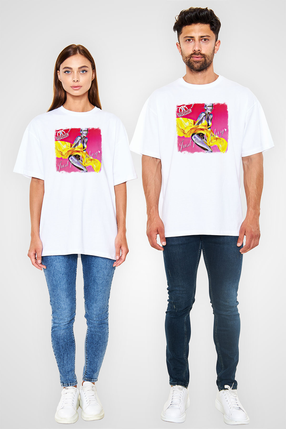 Aerosmith Baskılı Unisex Beyaz Oversize Tişört