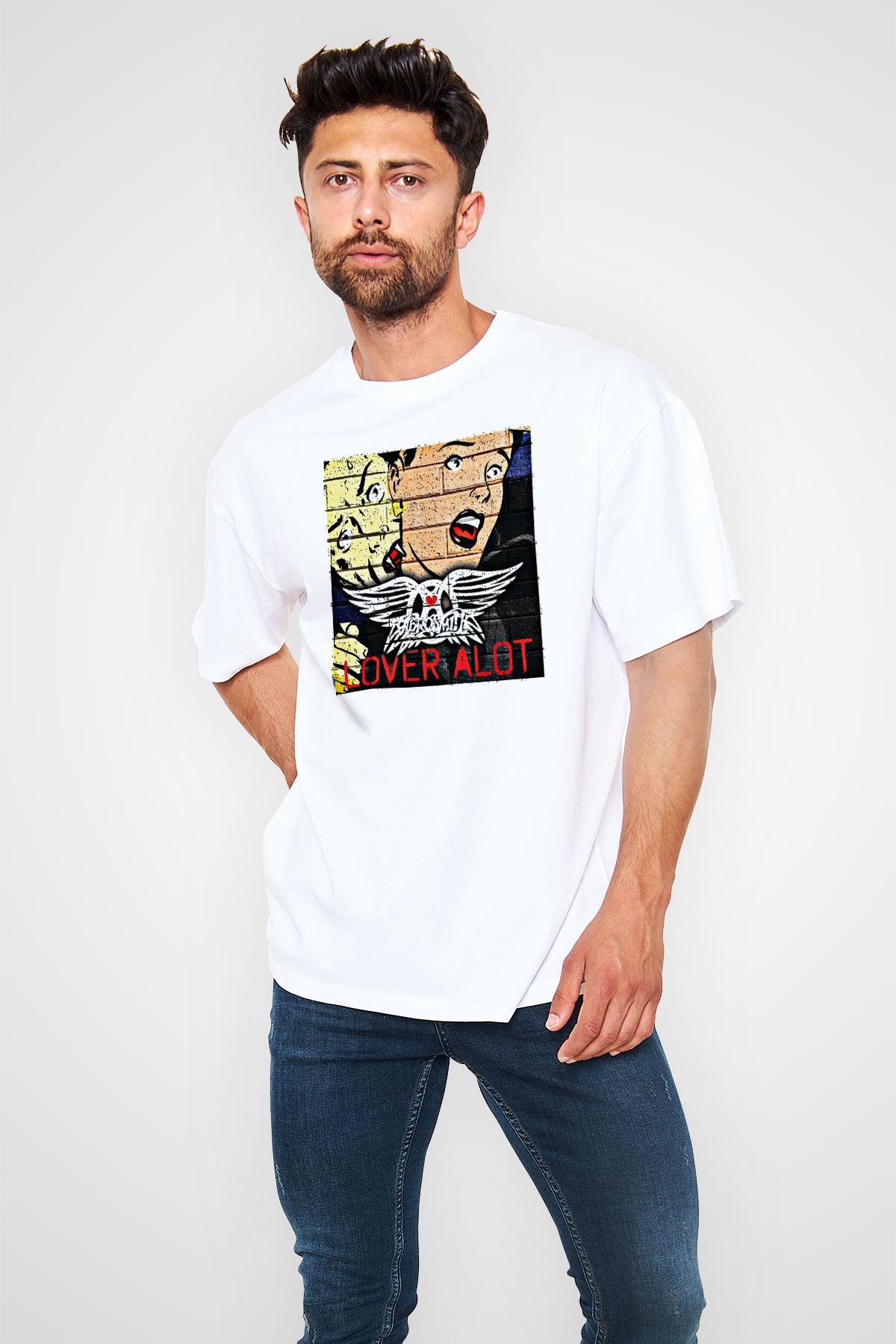 Aerosmith Baskılı Unisex Beyaz Oversize Tişört