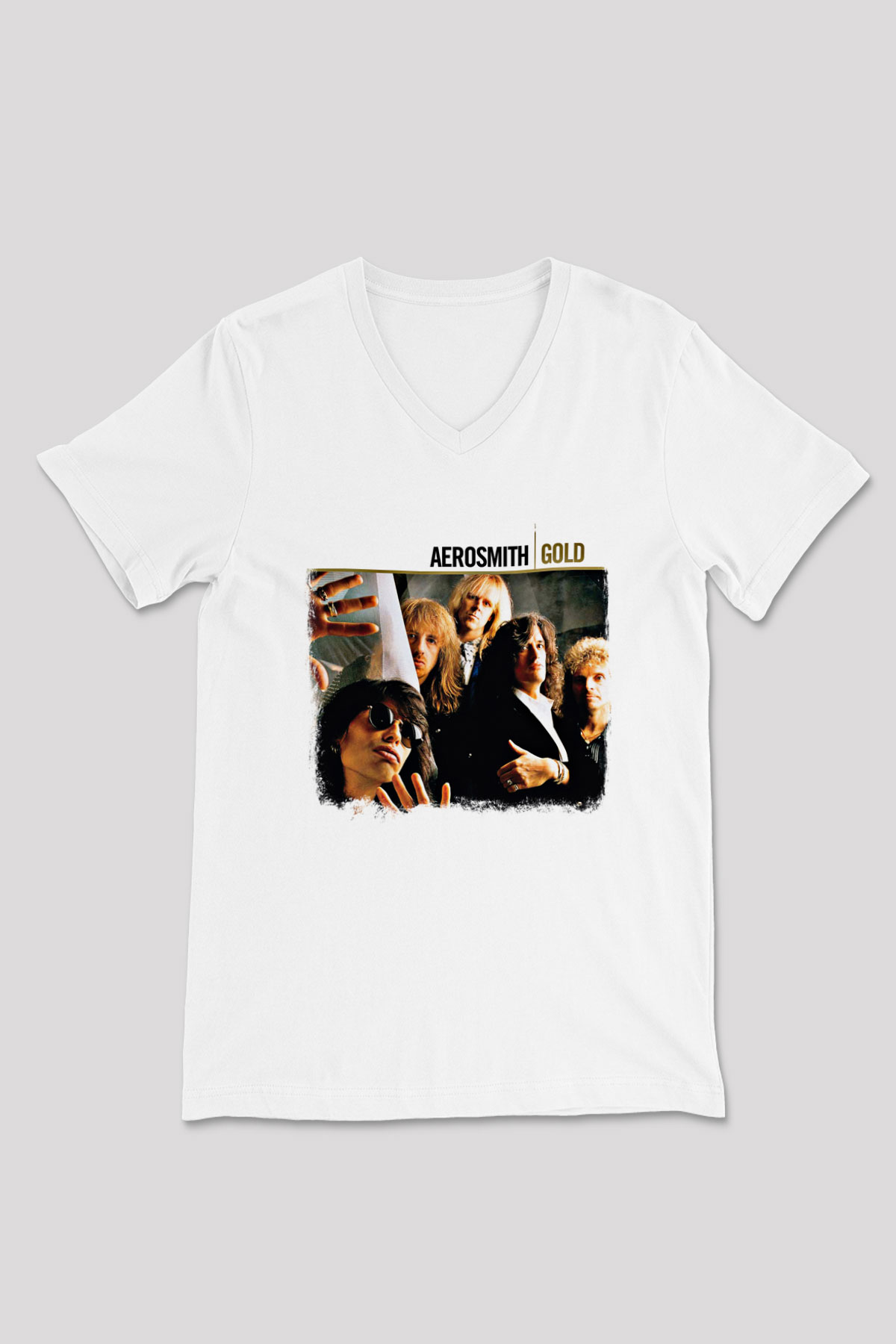 Aerosmith Baskılı Unisex Beyaz V Yaka Tişört