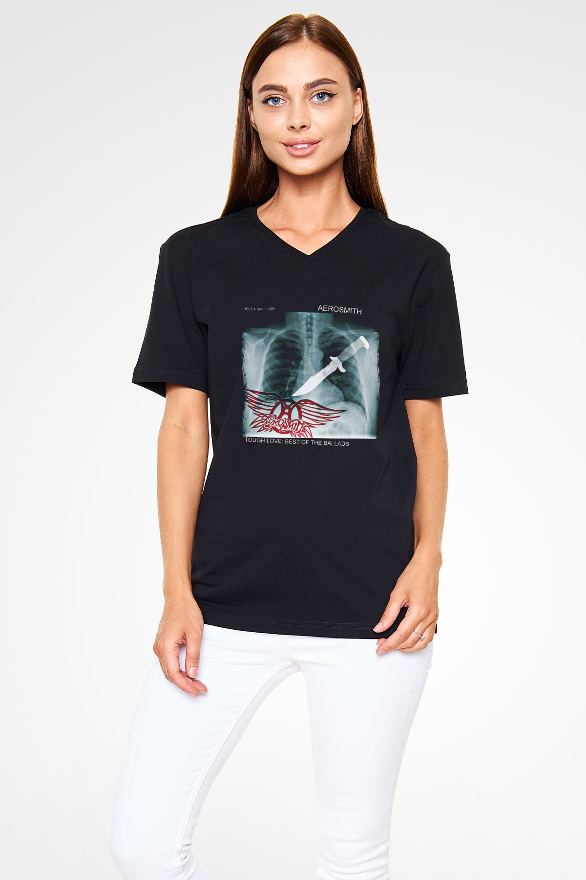 Aerosmith Baskılı Unisex Siyah V Yaka Tişört