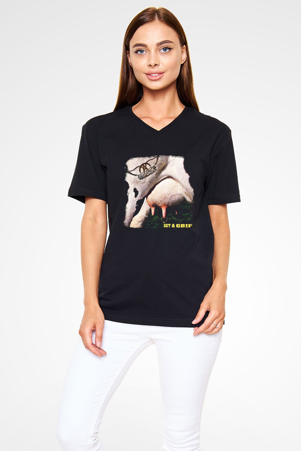 Aerosmith Baskılı Unisex Siyah V Yaka Tişört