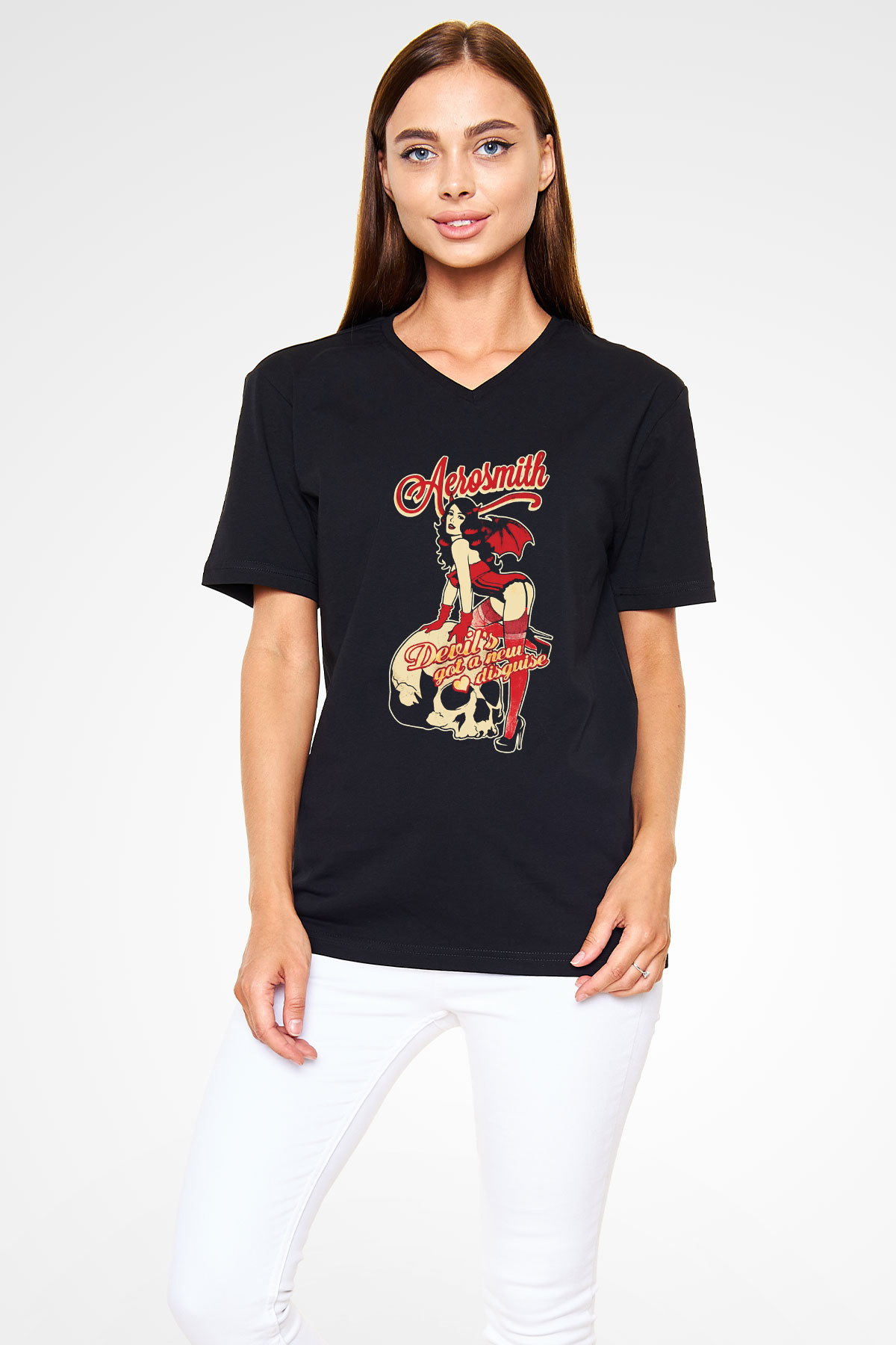 Aerosmith Siyah Unisex V Yaka Tişört T-Shirt