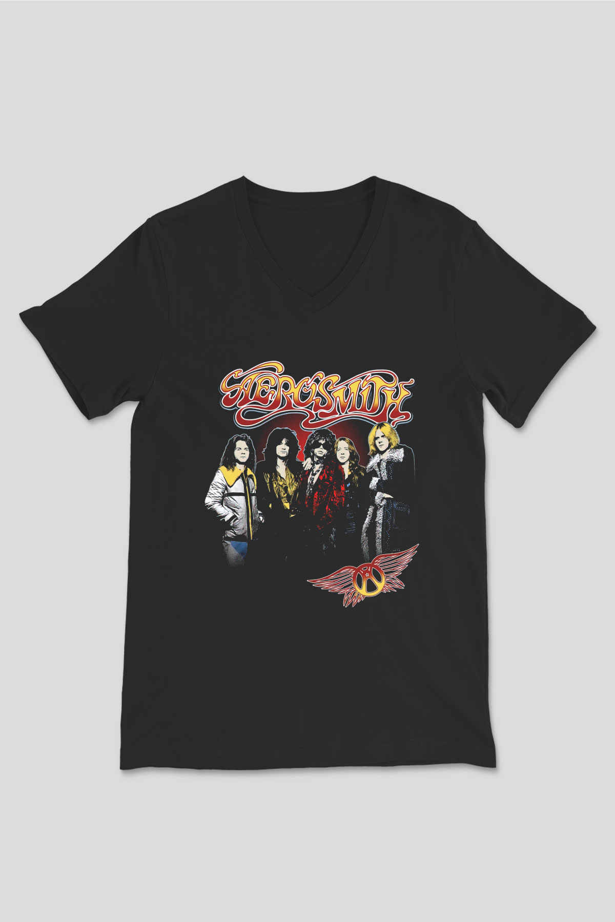 Aerosmith Siyah Unisex V Yaka Tişört T-Shirt