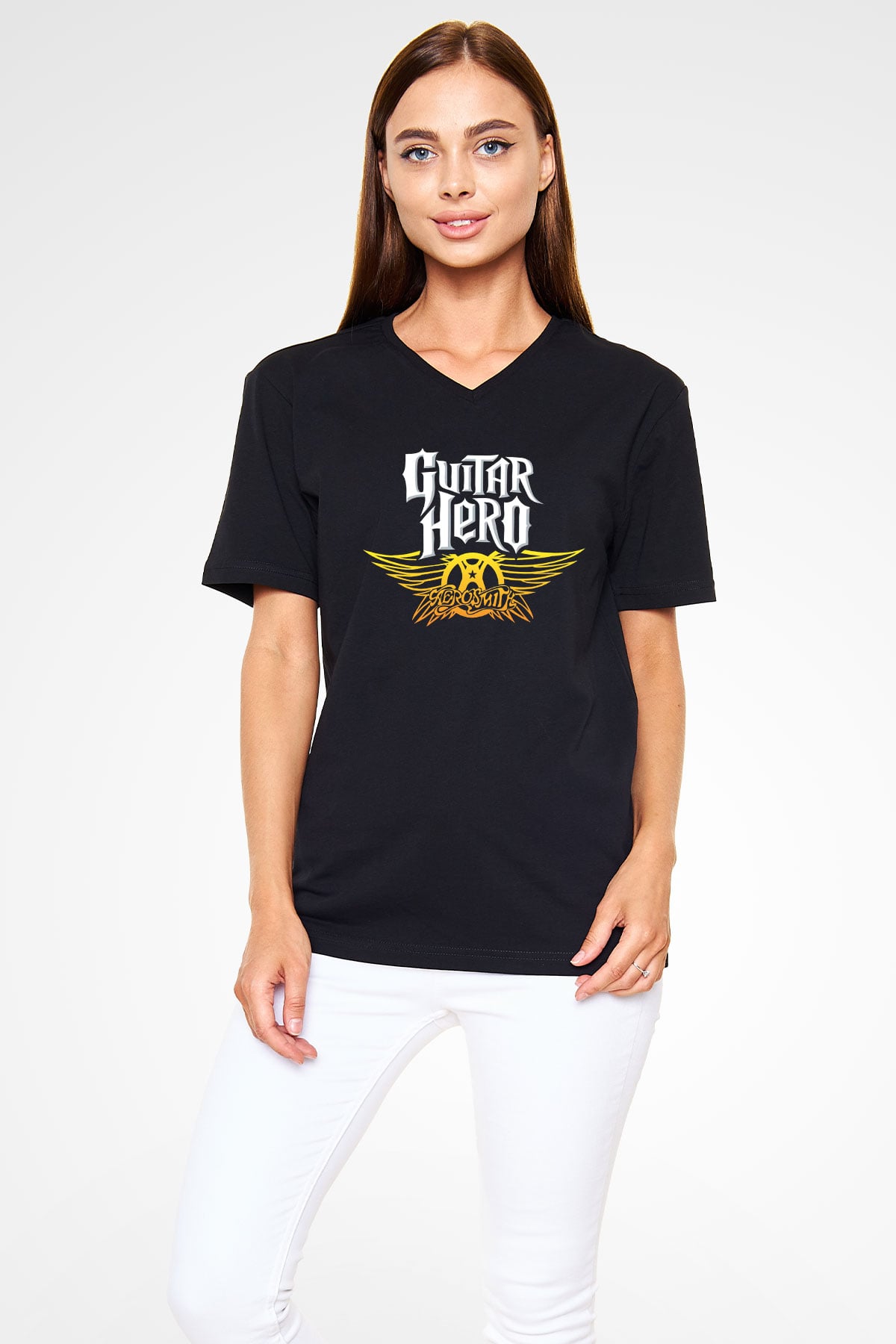 Aerosmith Siyah Unisex V Yaka Tişört T-Shirt