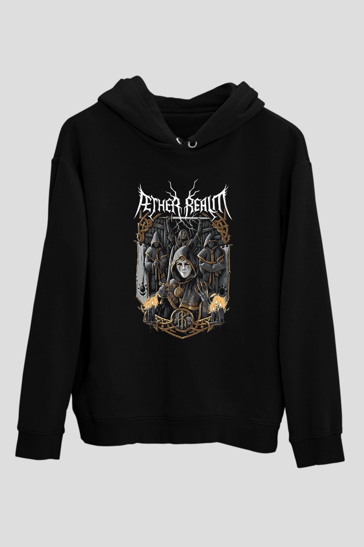 Aether Realm Baskılı Unisex Siyah Kapüşonlu Sweatshirt