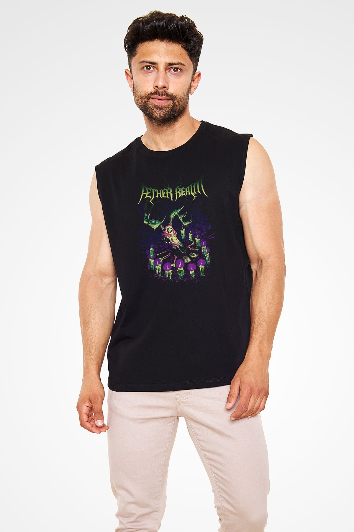 Aether Realm Baskılı Unisex Siyah Kolsuz Tişört - Tshirt