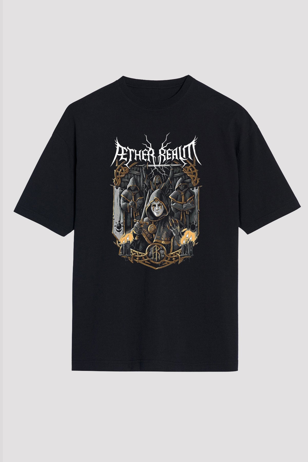 Aether Realm Baskılı Unisex Siyah Oversize Tişört - Tshirt