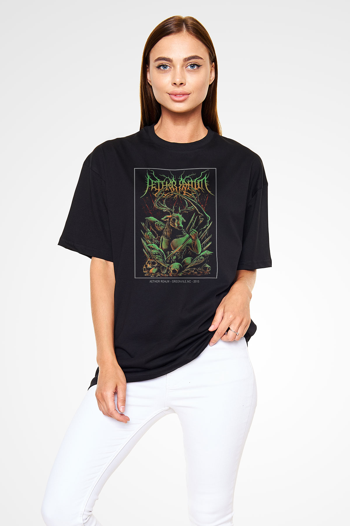 Aether Realm Baskılı Unisex Siyah Oversize Tişört - Tshirt