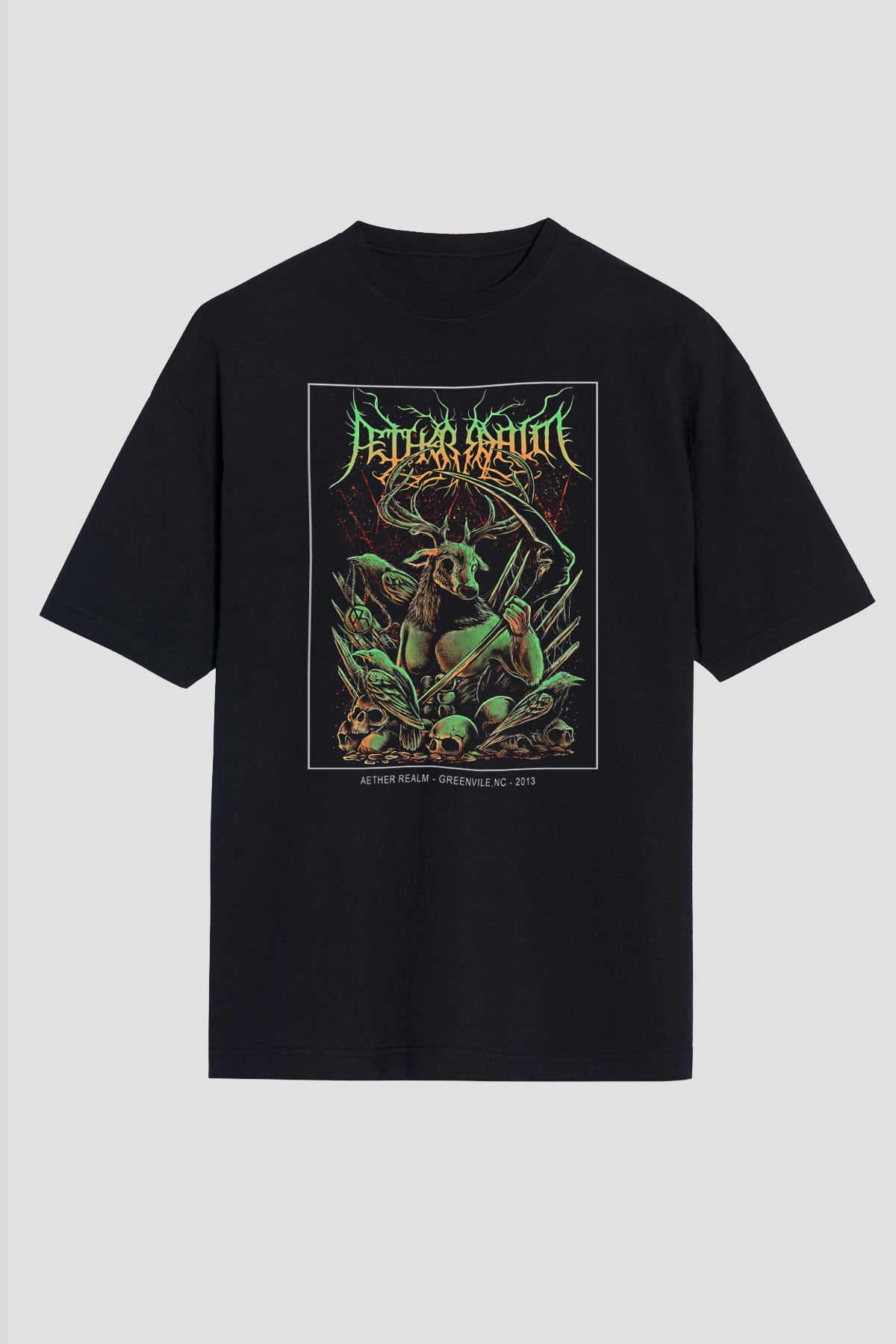 Aether Realm Baskılı Unisex Siyah Oversize Tişört - Tshirt