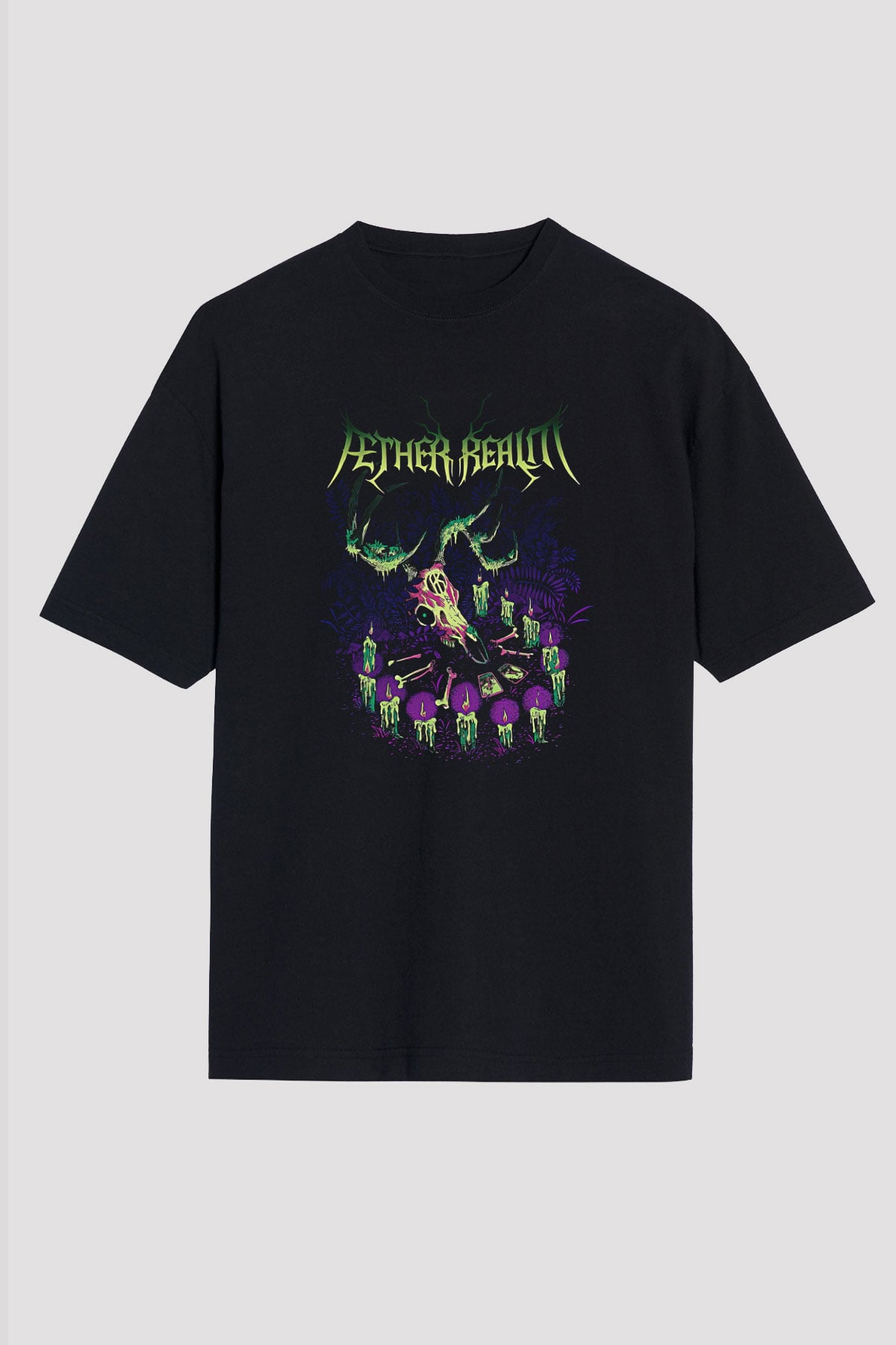Aether Realm Baskılı Unisex Siyah Oversize Tişört - Tshirt