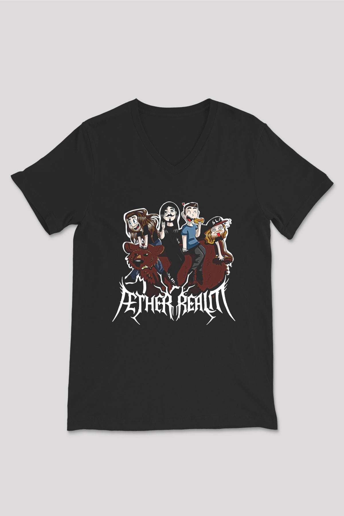 Aether Realm Baskılı Unisex Siyah V Yaka Tişört - Tshirt