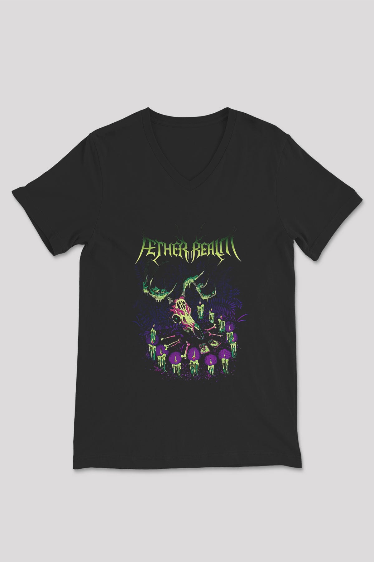 Aether Realm Baskılı Unisex Siyah V Yaka Tişört - Tshirt