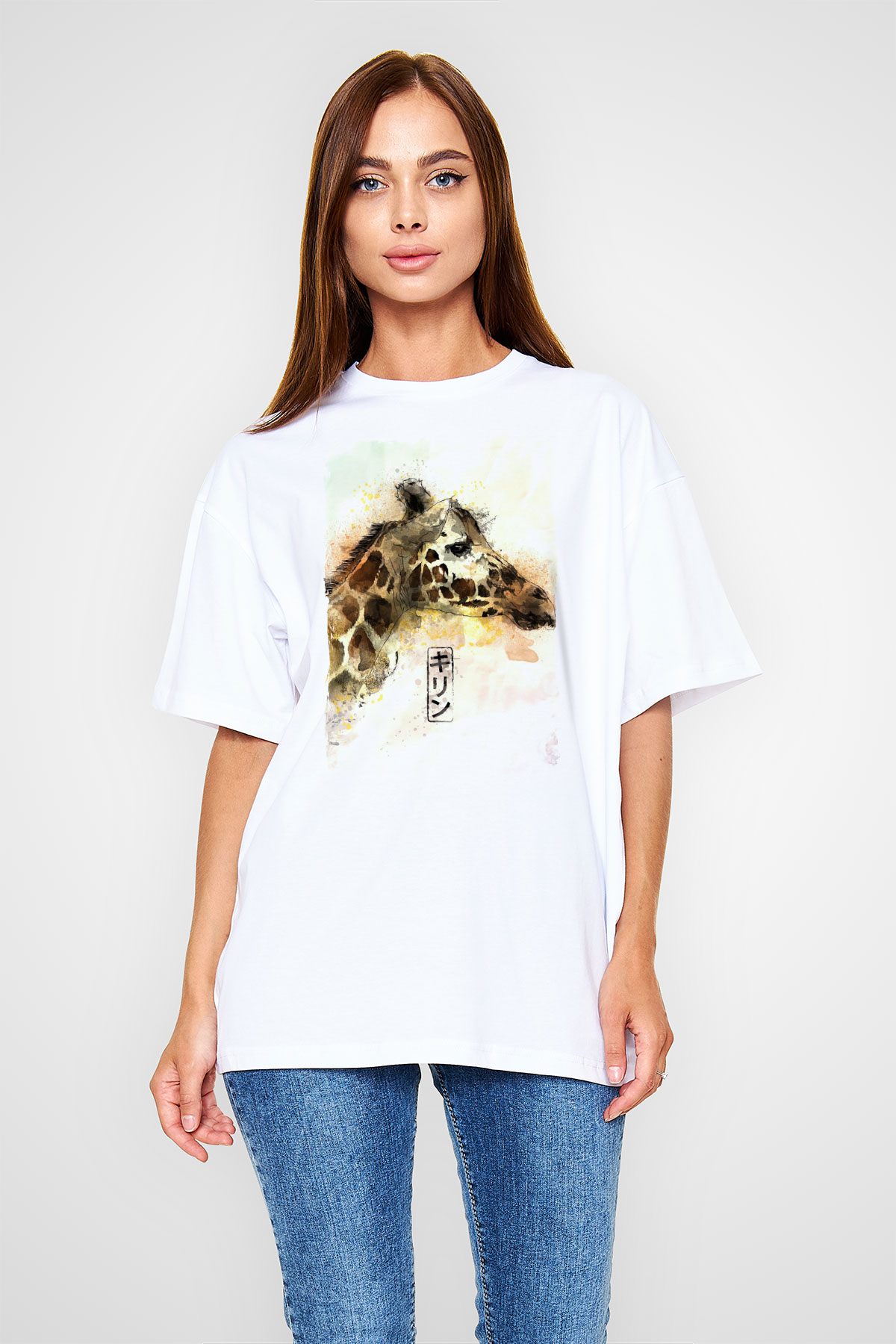 Afrika Zürafa Baskılı Unisex Beyaz Tişört