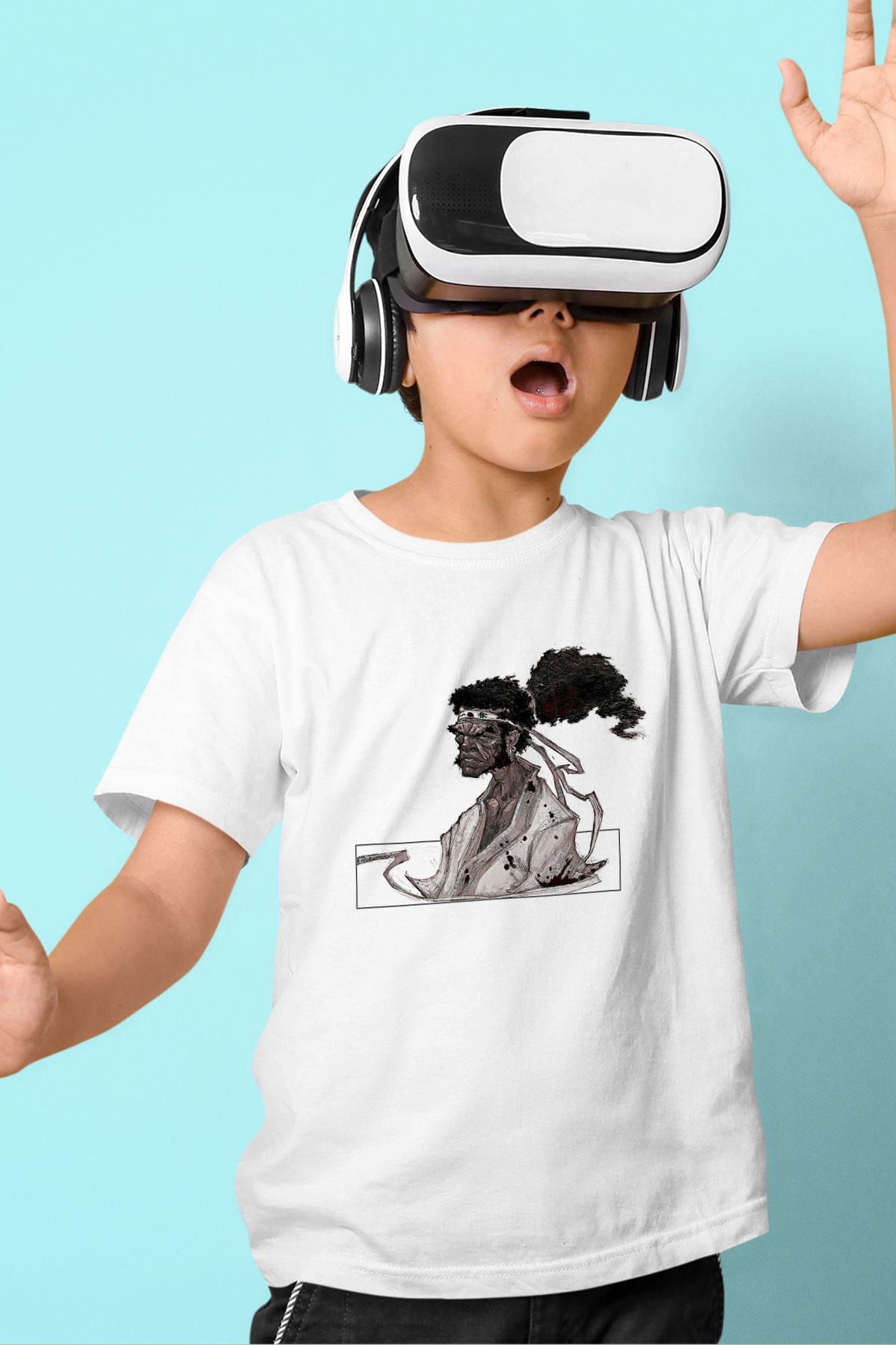 Afro Samurai Baskılı Beyaz Unisex Beyaz Çocuk Tişört - Tshirt