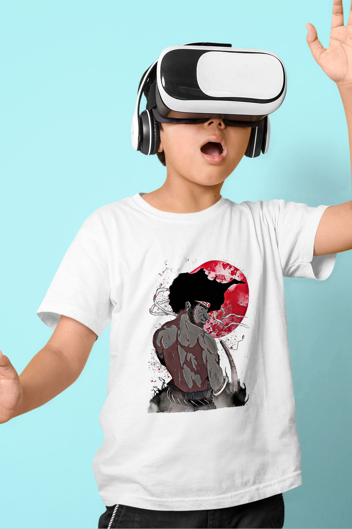 Afro Samurai Baskılı Beyaz Unisex Beyaz Çocuk Tişört - Tshirt