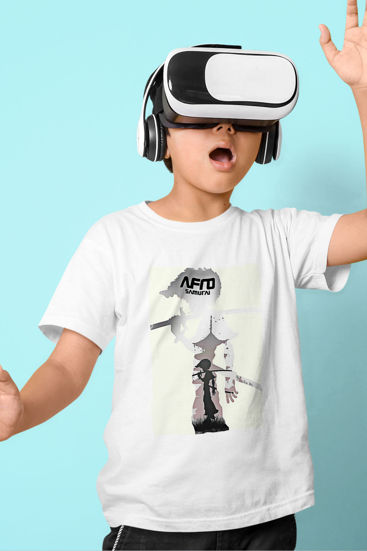 Afro Samurai Baskılı Beyaz Unisex Beyaz Çocuk Tişört - Tshirt