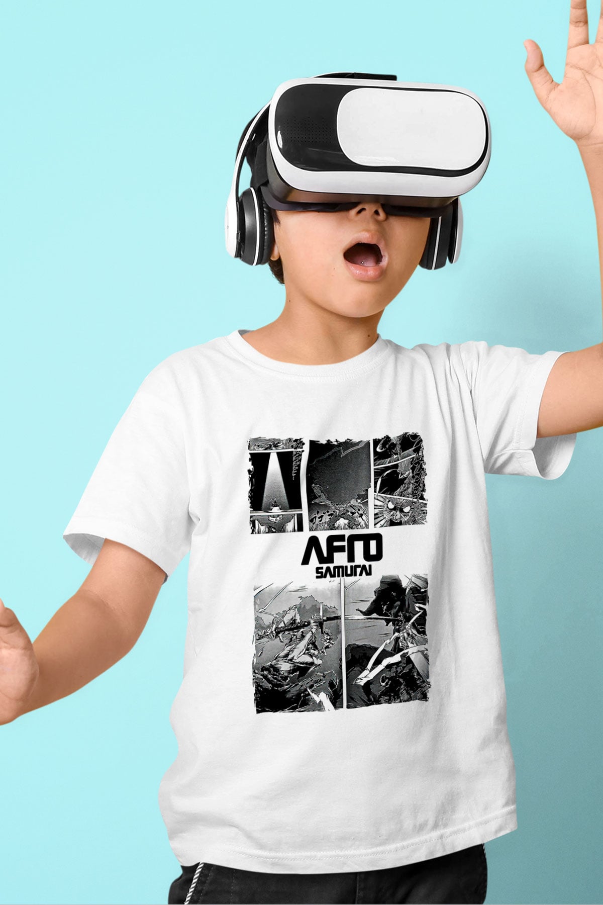 Afro Samurai Baskılı Beyaz Unisex Beyaz Çocuk Tişört - Tshirt