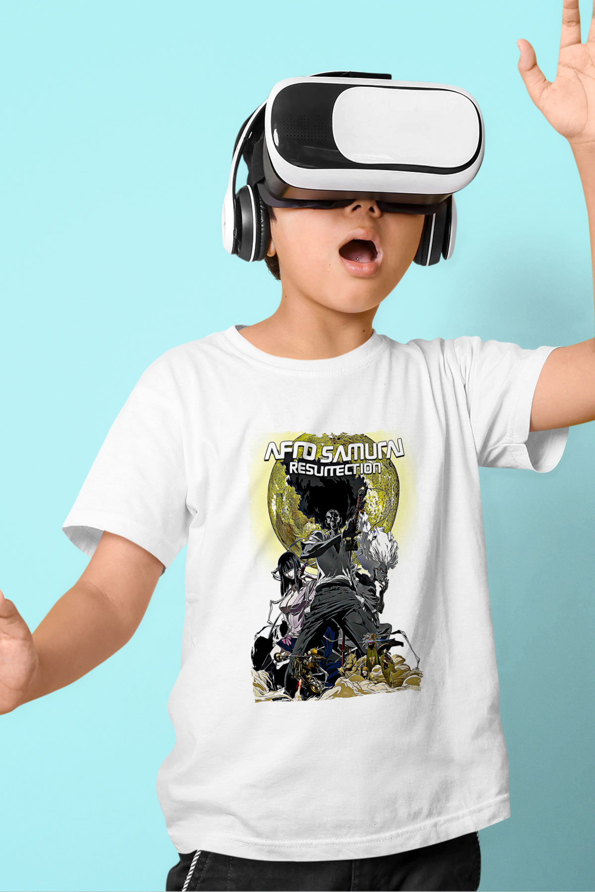 Afro Samurai Baskılı Beyaz Unisex Beyaz Çocuk Tişört - Tshirt