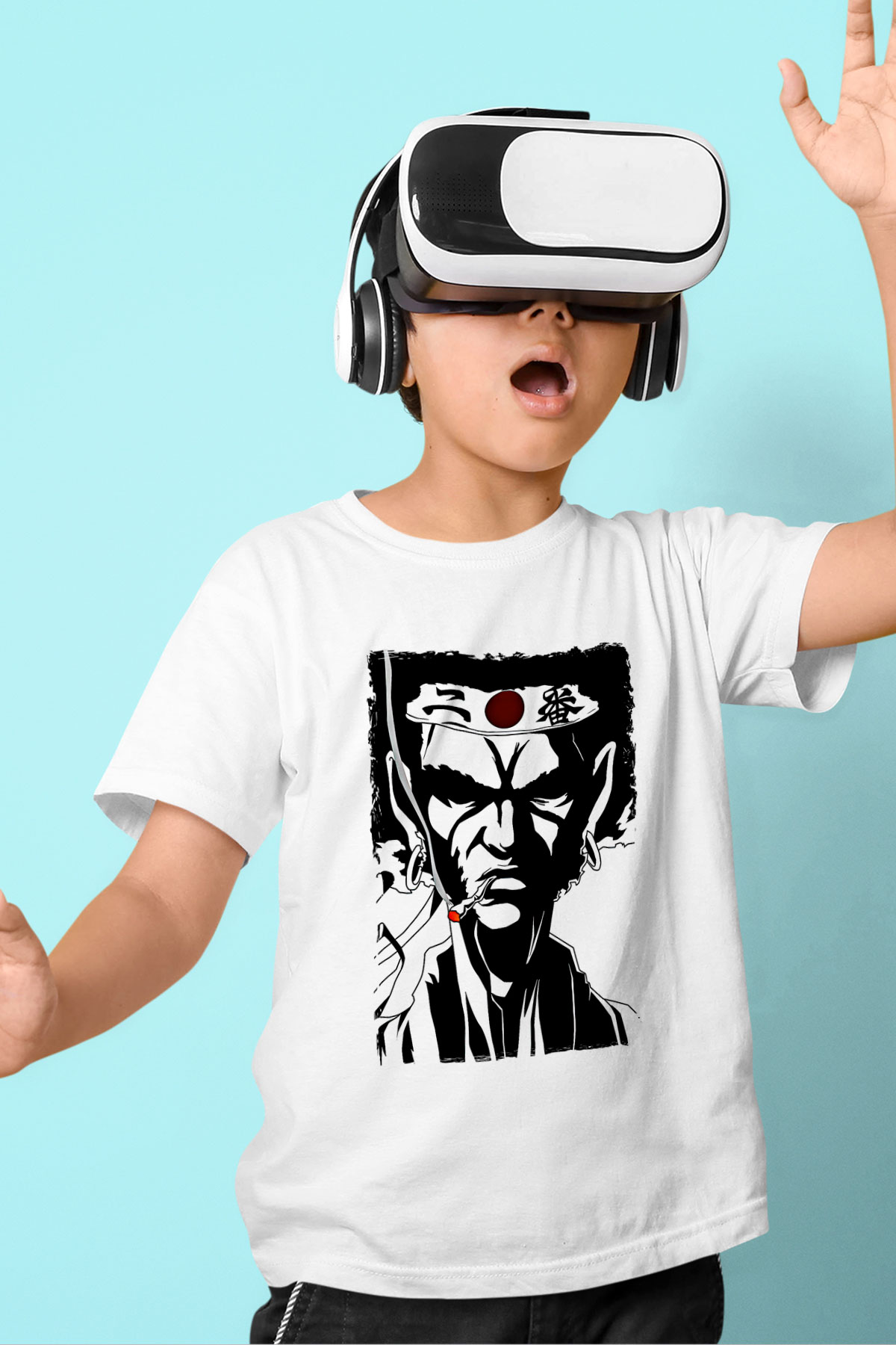 Afro Samurai Baskılı Beyaz Unisex Beyaz Çocuk Tişört - Tshirt